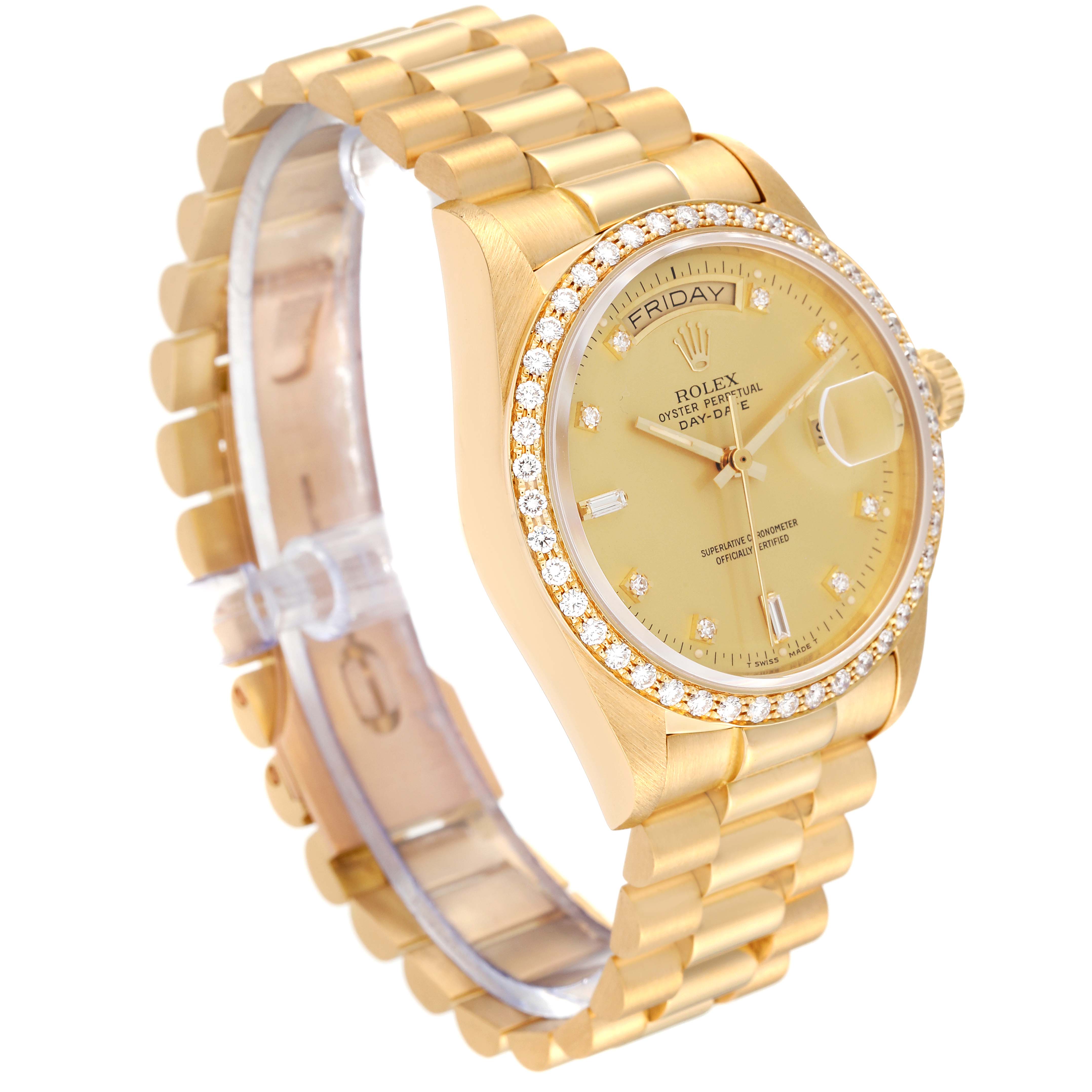 The image shows a side angle of a Rolex President 18048A Men
s Yellow Gold Champagne Dial 18048A Men
s Yellow Gold Champagne Dial model, highlighting its bezel, dial, case, and bracelet.