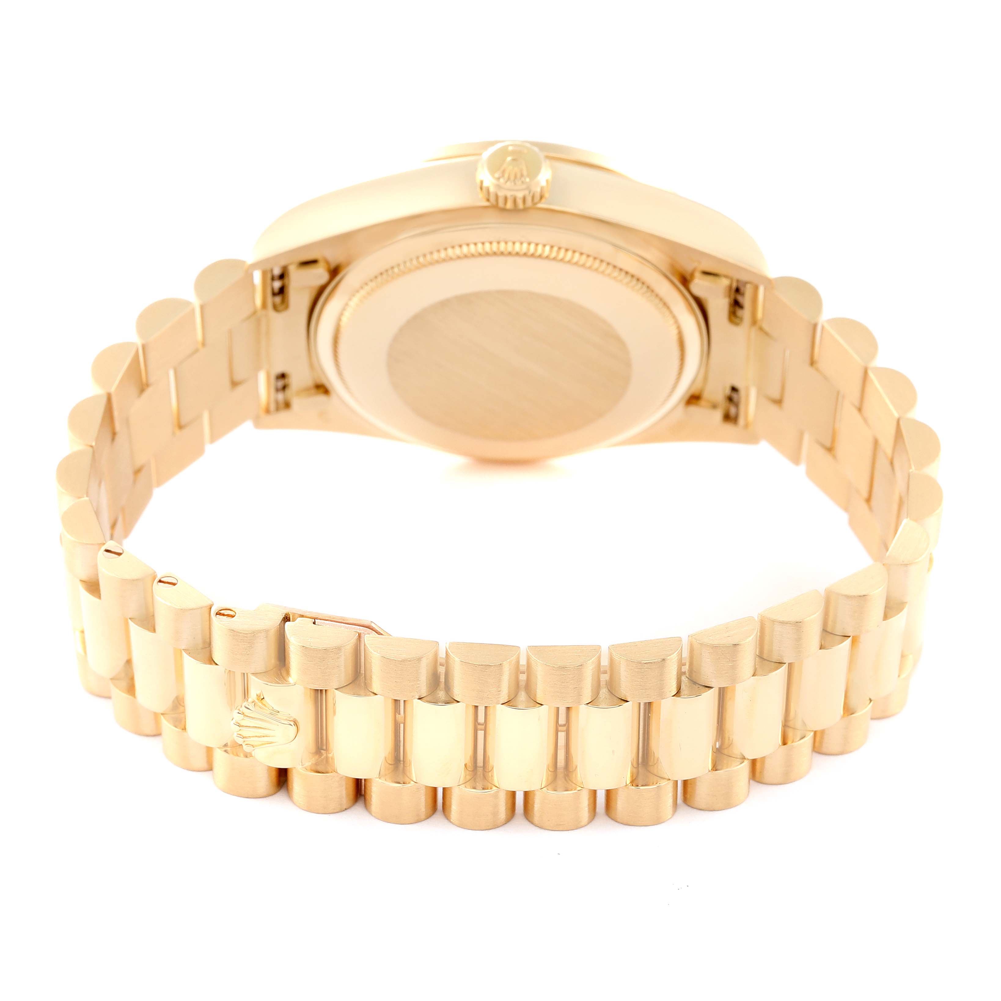 This image shows the back and clasp of the Rolex President 18048A Men
s Yellow Gold Champagne Dial 18048A Men
s Yellow Gold Champagne Dial model watch, highlighting its bracelet and case back.