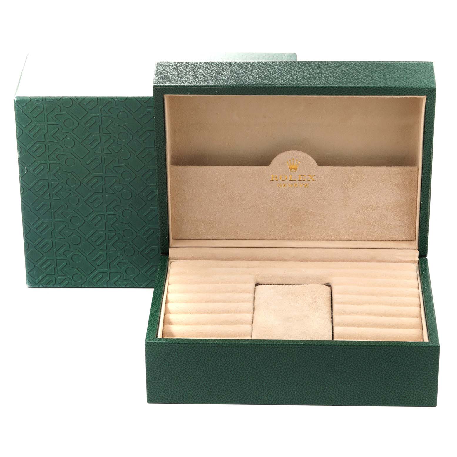 This image shows an open green Rolex President 18048A Men
s Yellow Gold Champagne Dial 18048A Men
s Yellow Gold Champagne Dial model watch box with an interior cushion and compartments.