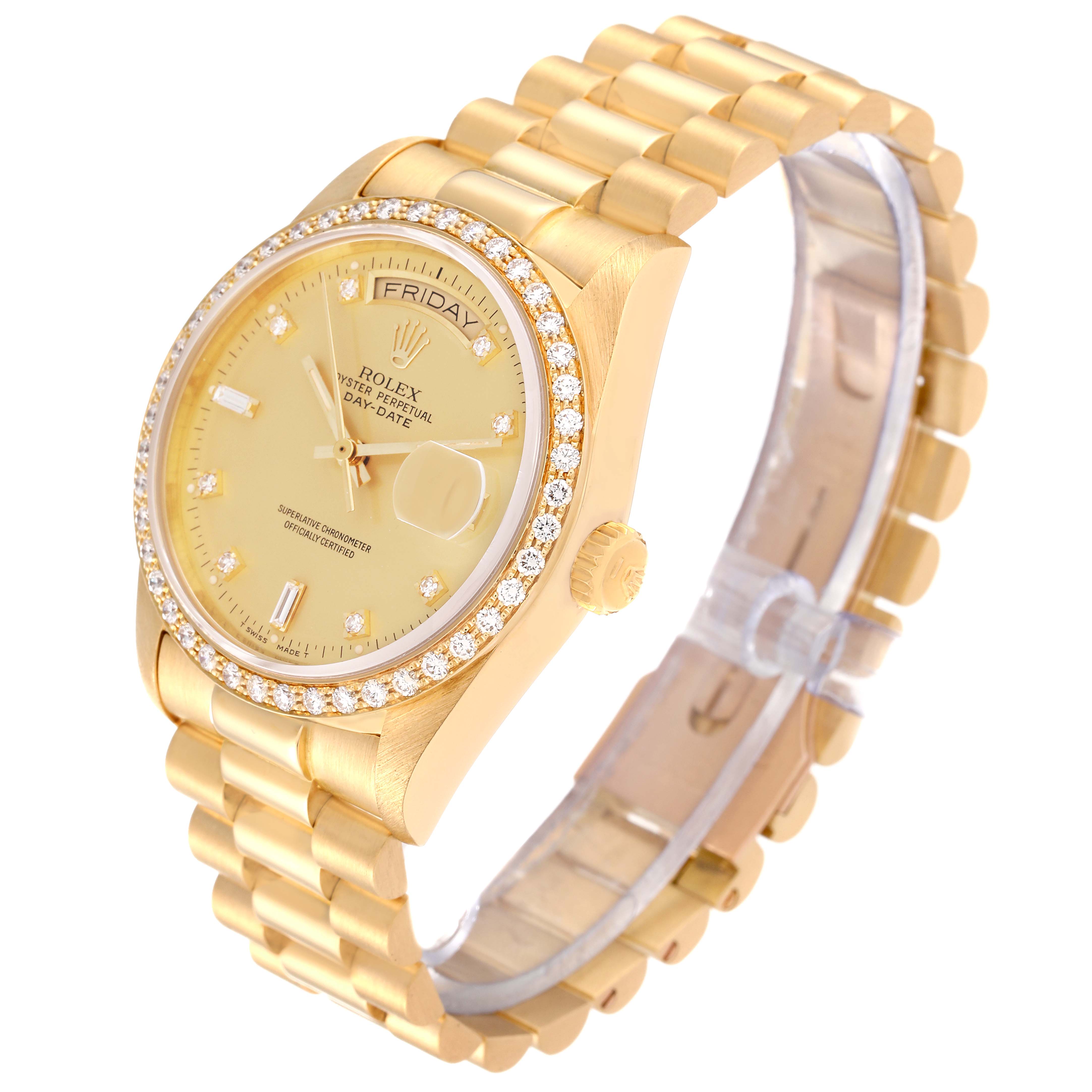 This image shows a Rolex President 18048A Men
s Yellow Gold Champagne Dial 18048A Men
s Yellow Gold Champagne Dial model watch at a three-quarter angle, displaying its gold case, bracelet, and diamond-encrusted bezel.