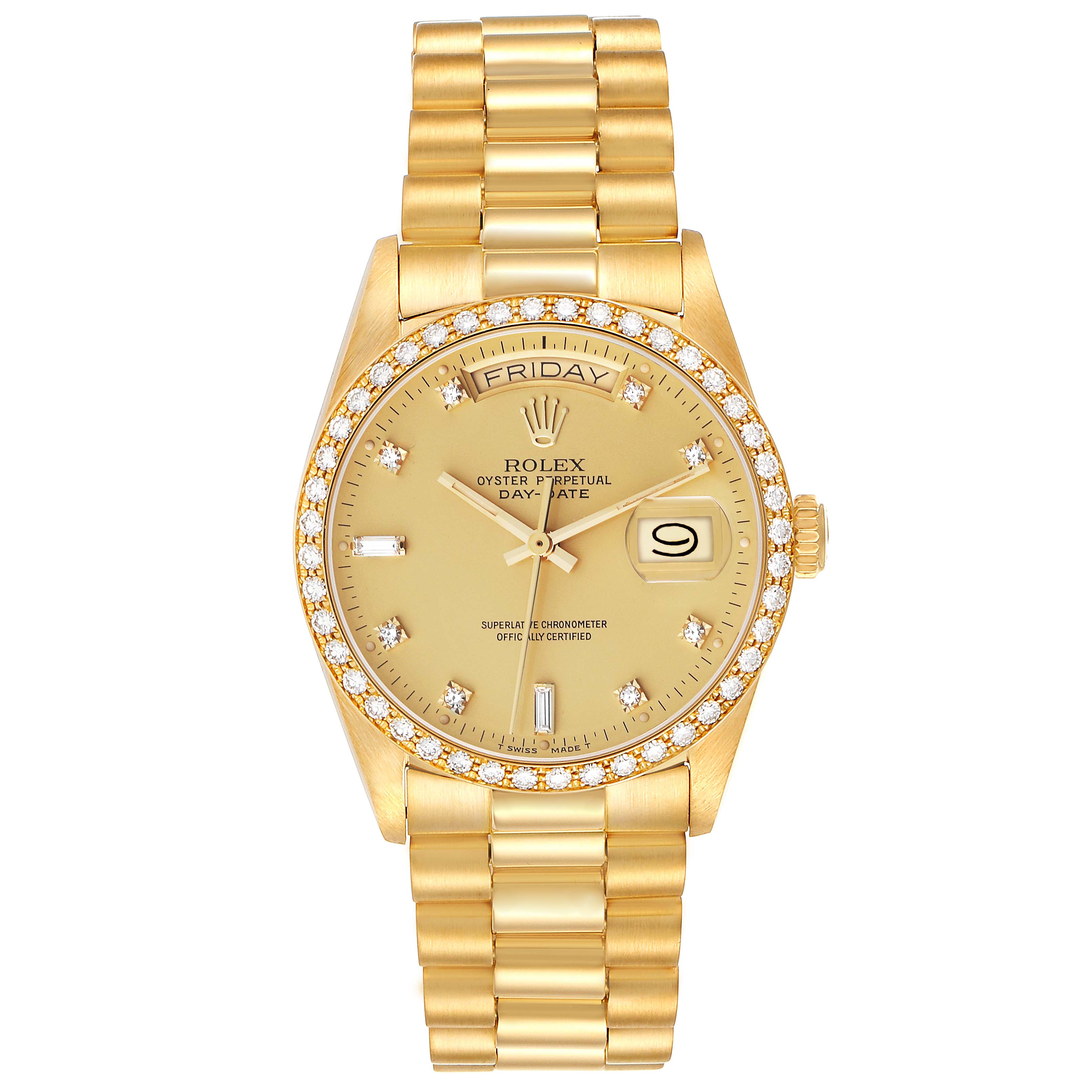 This image shows a front view of the Rolex President 18048A Men
s Yellow Gold Champagne Dial 18048A Men
s Yellow Gold Champagne Dial model watch, showcasing the dial, bezel, and bracelet.