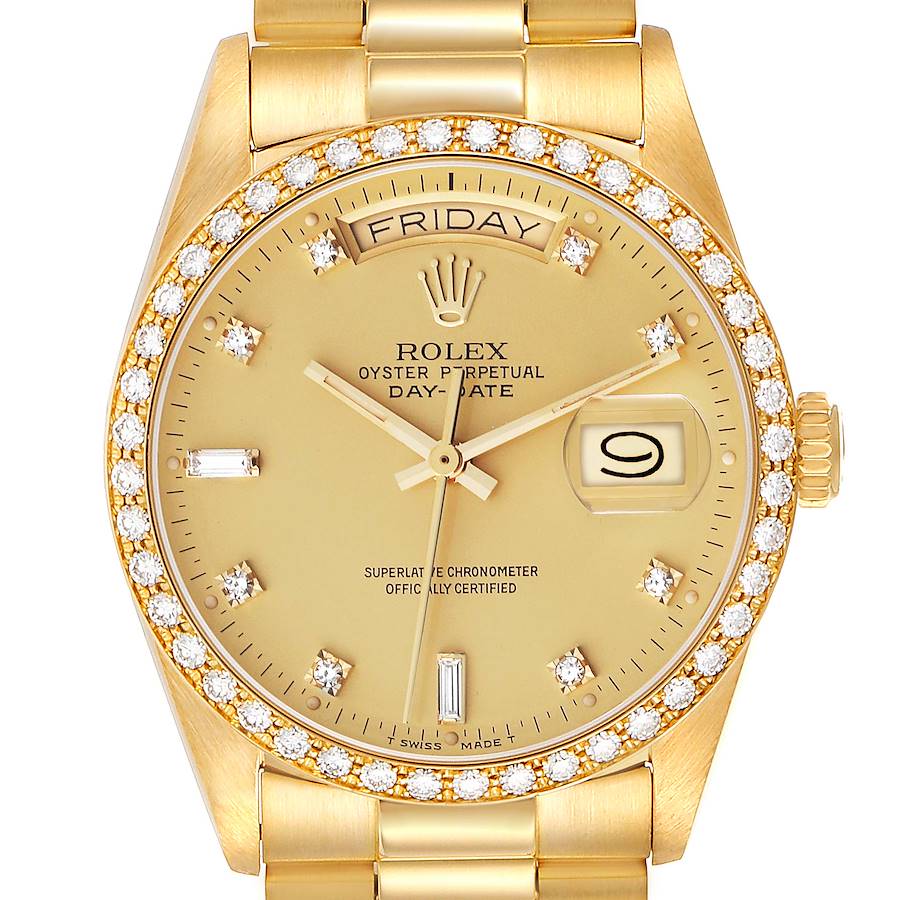 Rolex President Day-Date Yellow Gold Diamond Bezel Mens Watch 18048 SwissWatchExpo