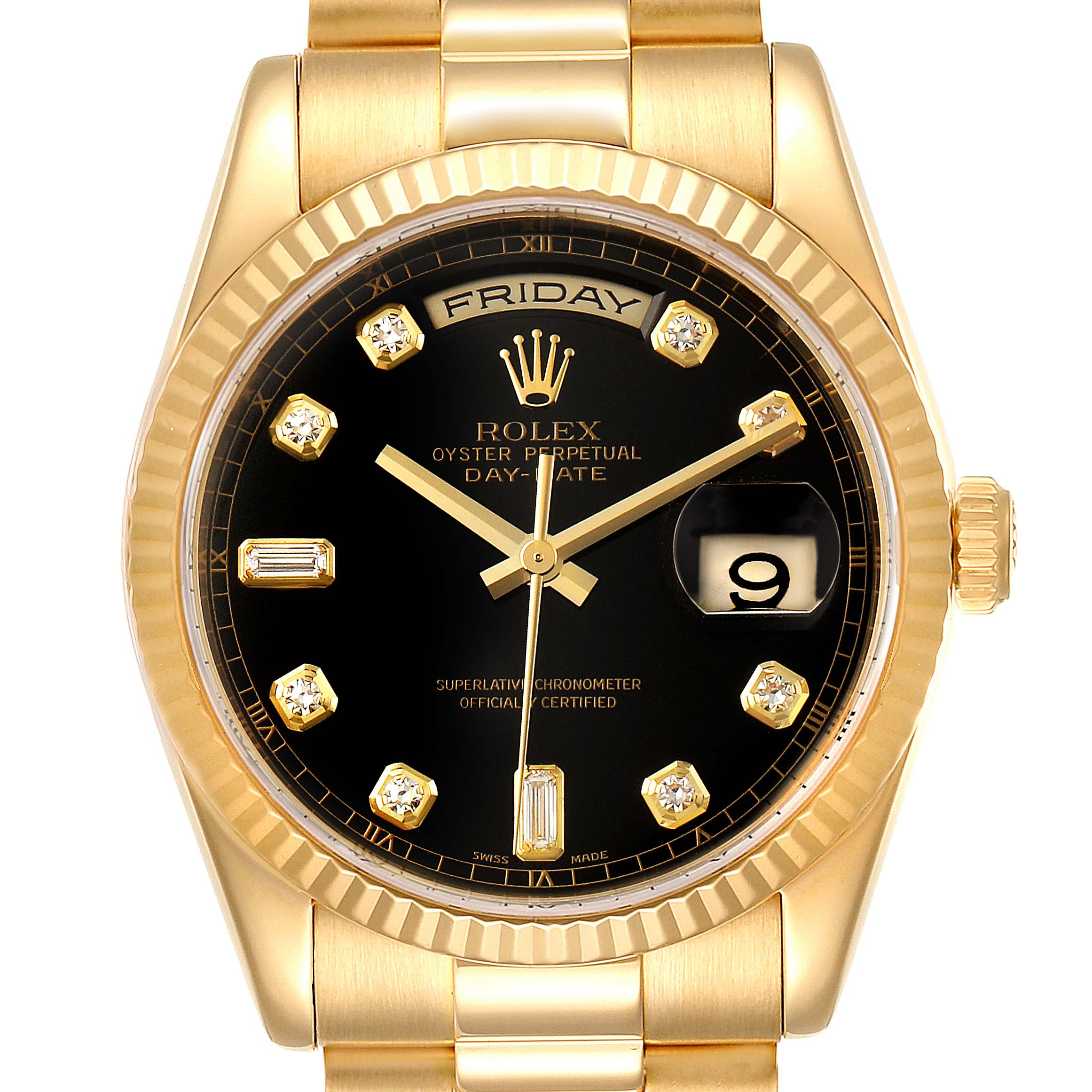 The image shows a front view of the Rolex President 118238 Men
s Yellow Gold Black Dial 118238 Men
s Yellow Gold Black Dial model, highlighting the black dial, day-date display, and diamond hour markers.