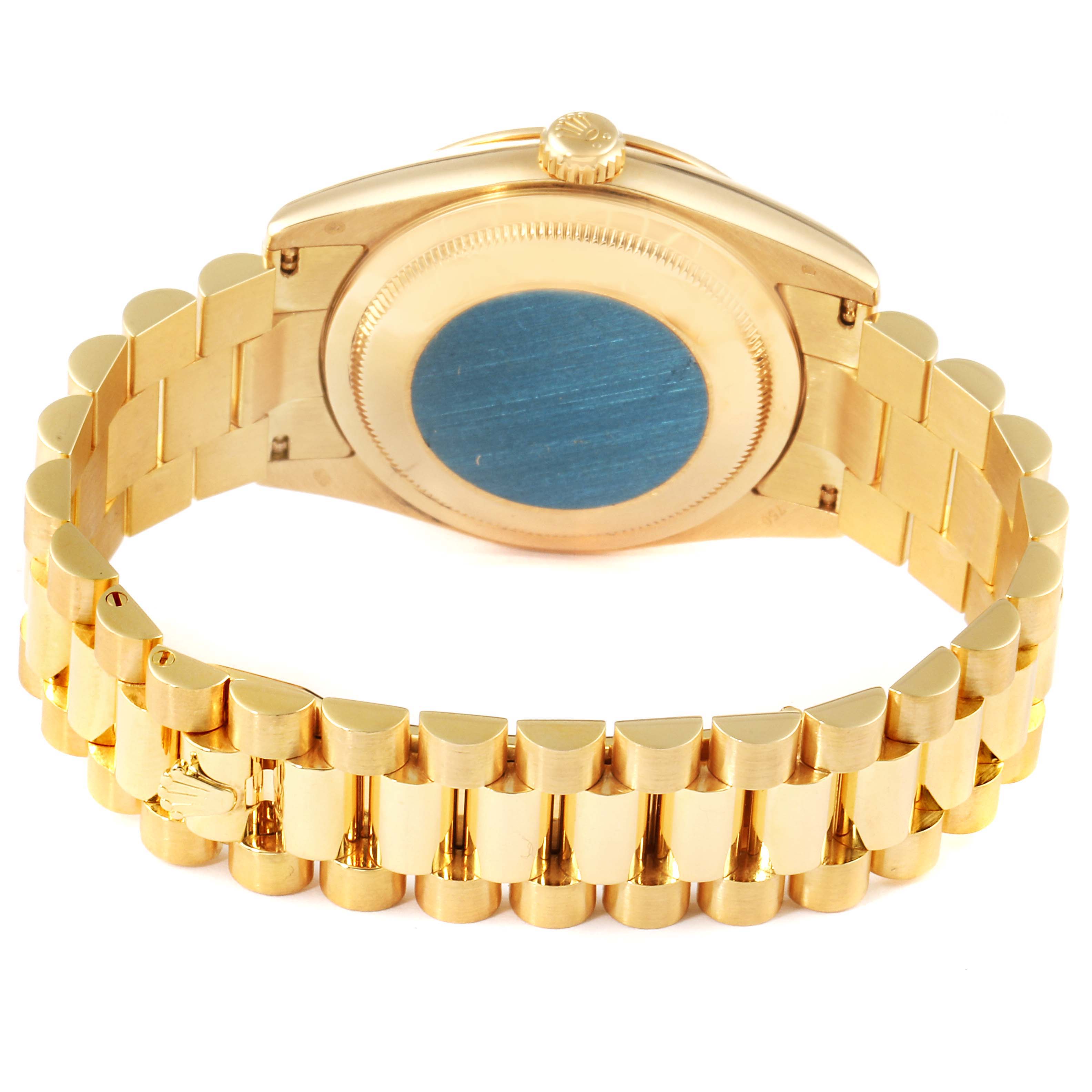 The image shows the backside of a Rolex President 118238 Men
s Yellow Gold Black Dial 118238 Men
s Yellow Gold Black Dial model watch, highlighting the bracelet and case back.