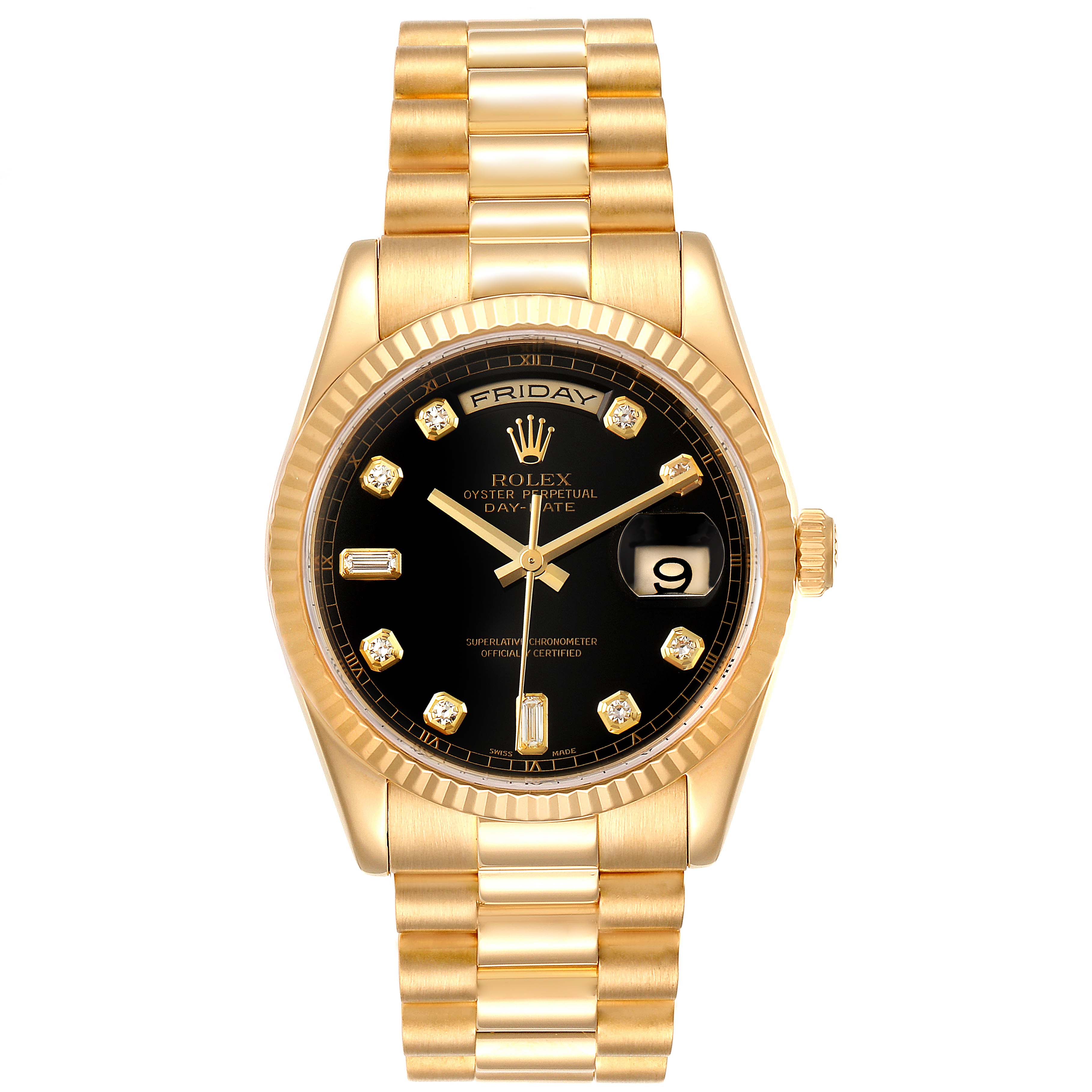 The image shows a front view of a Rolex President 118238 Men
s Yellow Gold Black Dial 118238 Men
s Yellow Gold Black Dial model watch, displaying the face, bezel, and bracelet.