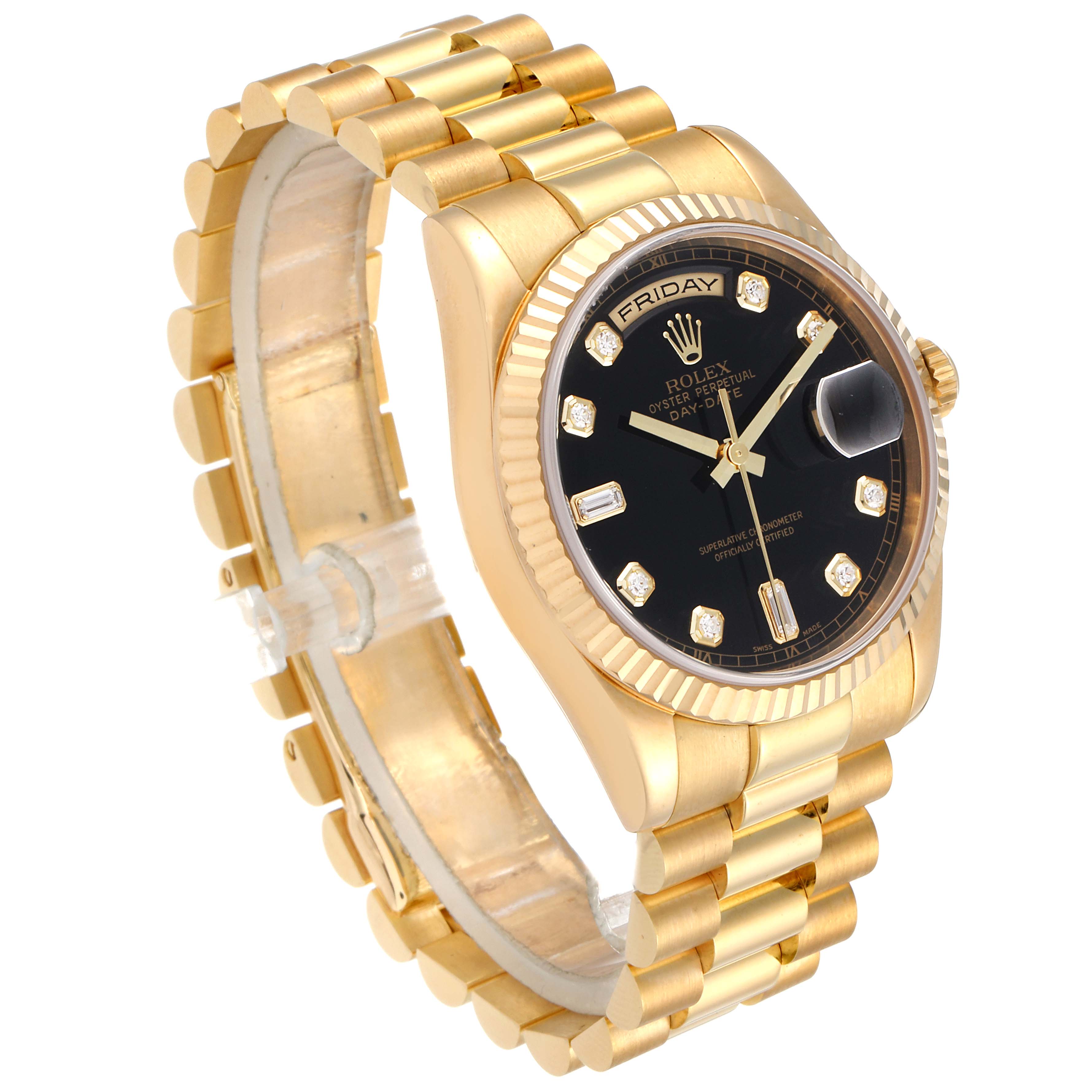 The image shows a Rolex President 118238 Men
s Yellow Gold Black Dial 118238 Men
s Yellow Gold Black Dial watch at an oblique angle, highlighting the gold bracelet and black dial with diamond hour markers.