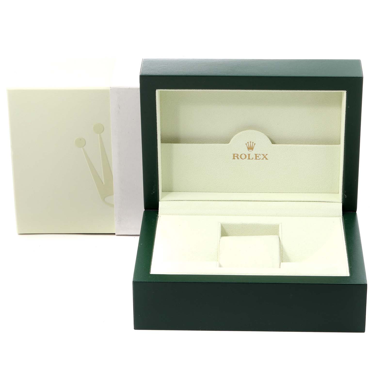 This is an open, empty Rolex President 118238 Men
s Yellow Gold Black Dial 118238 Men
s Yellow Gold Black Dial model watch box with a green exterior and cream interior.