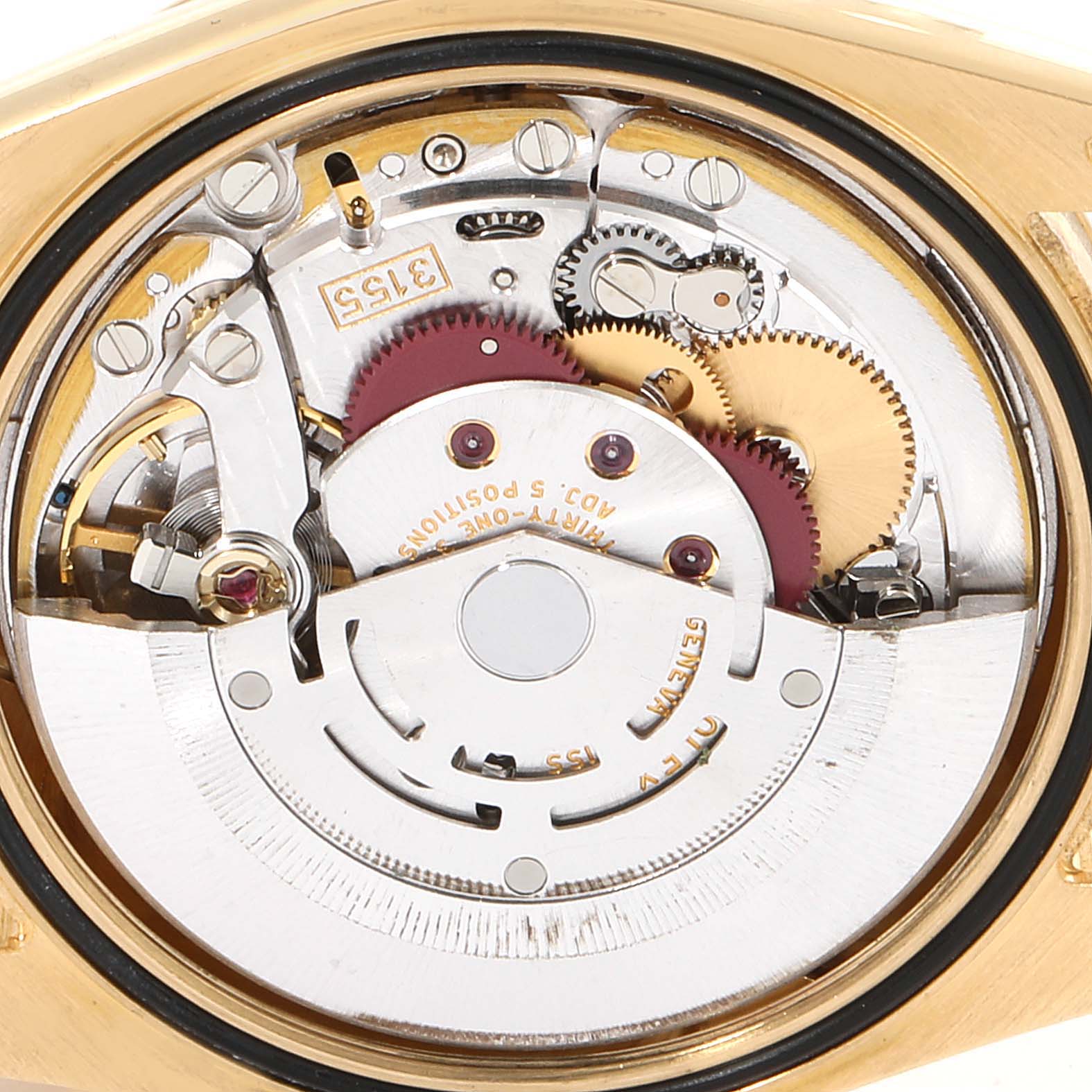 This image shows the internal mechanism of a Rolex President 118238 Men
s Yellow Gold Black Dial 118238 Men
s Yellow Gold Black Dial model watch at a close-up angle.