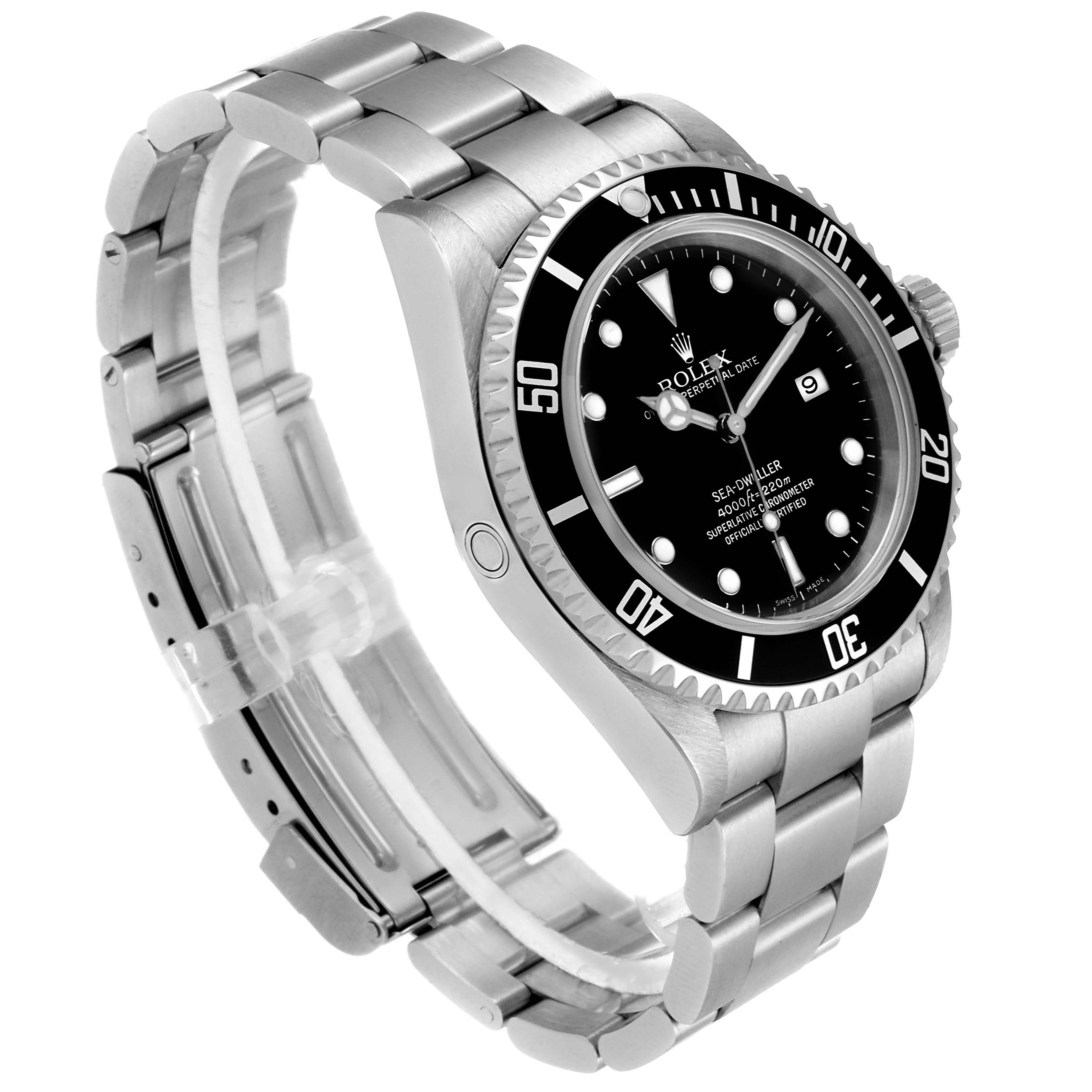 The Rolex Sea-Dweller 16600 Men
s Stainless Steel Black Dial 16600 Men
s Stainless Steel Black Dial watch is shown at an angled view, highlighting its face, bezel, bracelet, and clasp.