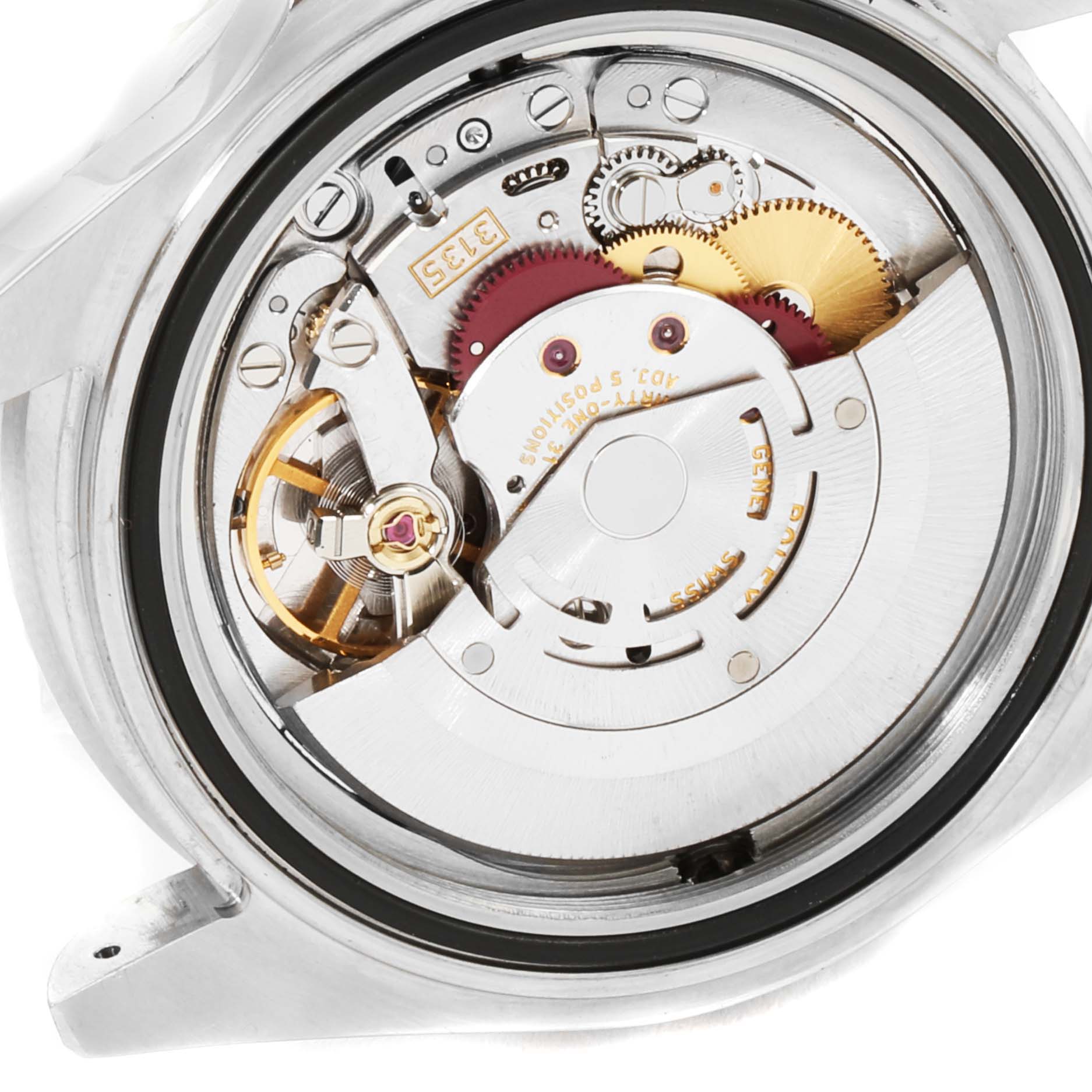 This is the back view of a Rolex Sea-Dweller 16600 Men
s Stainless Steel Black Dial 16600 Men
s Stainless Steel Black Dial watch showcasing its internal mechanical movement.