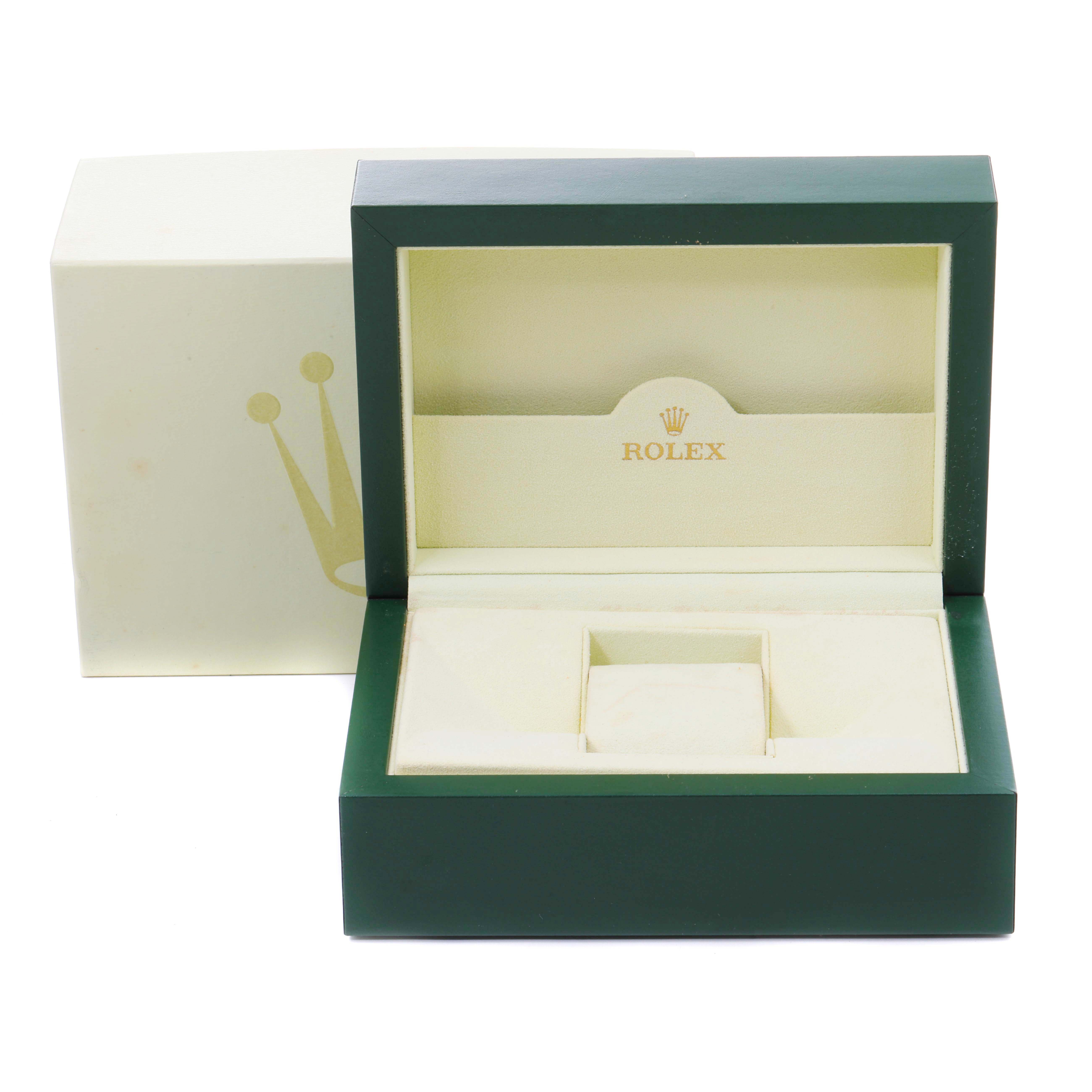 The image shows an open green and beige Rolex box for the Sea-Dweller model, displaying its interior without the watch.