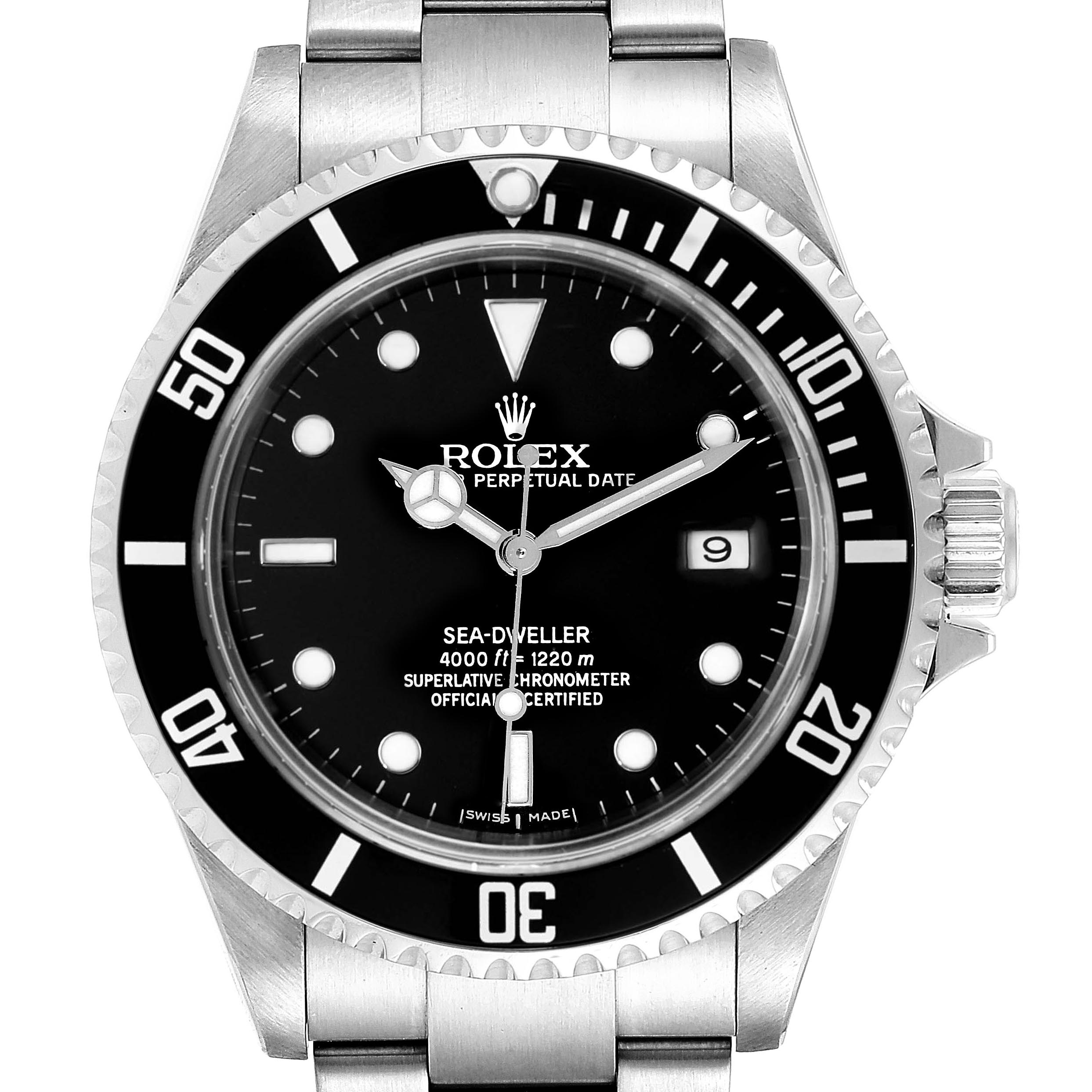 The image shows a front view of the Rolex Sea-Dweller 16600 Men
s Stainless Steel Black Dial 16600 Men
s Stainless Steel Black Dial watch, highlighting the dial, bezel, and part of the bracelet.