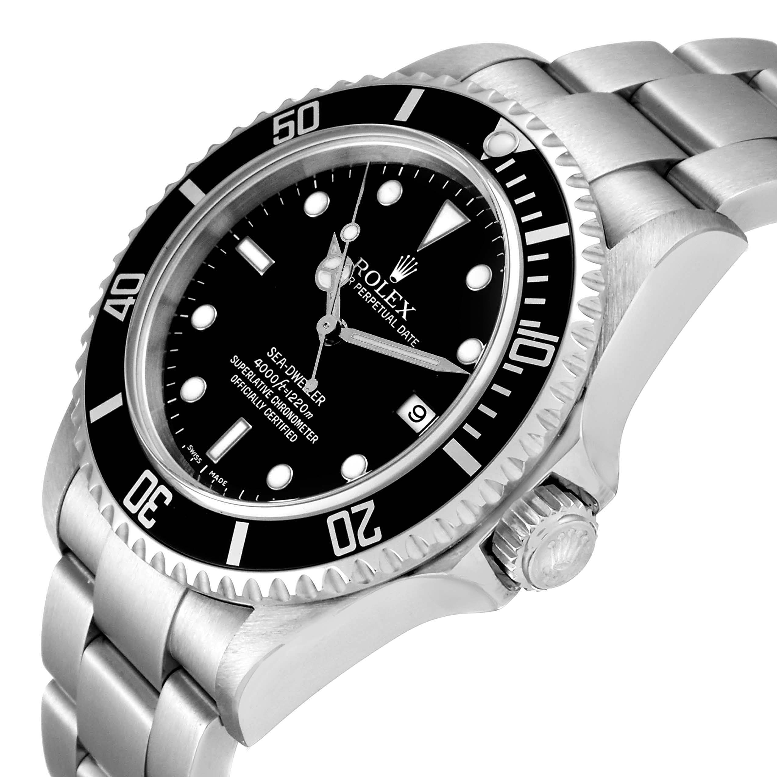 This image shows the Rolex Sea-Dweller 16600 Men
s Stainless Steel Black Dial 16600 Men
s Stainless Steel Black Dial watch at a slight angle, highlighting the black dial, bezel, crown, and stainless steel bracelet.