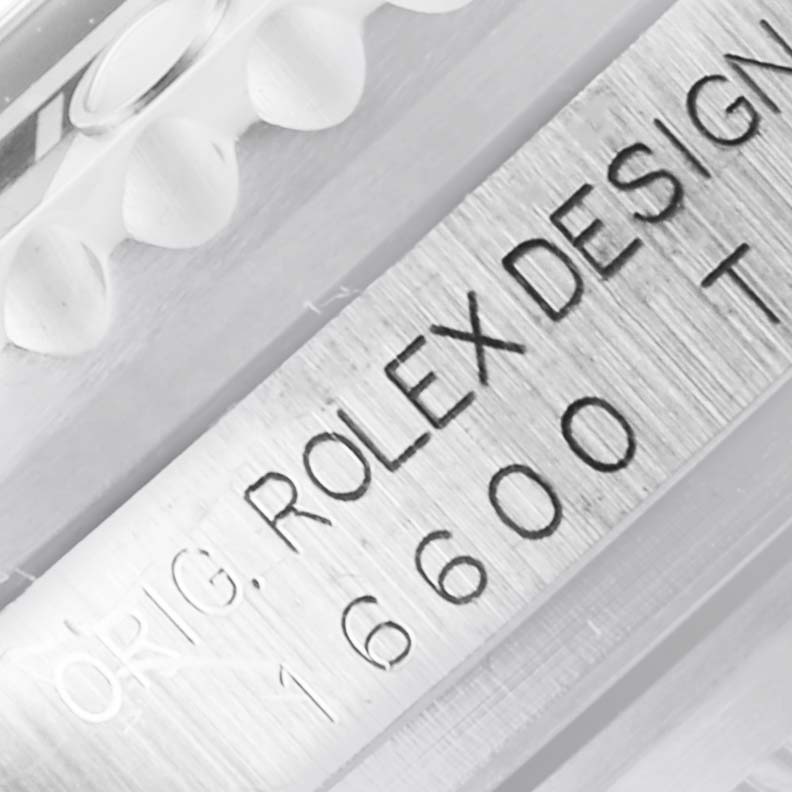 The image shows an angled close-up of the case side engraving on a Rolex Sea-Dweller 16600 Men
s Stainless Steel Black Dial 16600 Men
s Stainless Steel Black Dial, detailing the model number "16600."