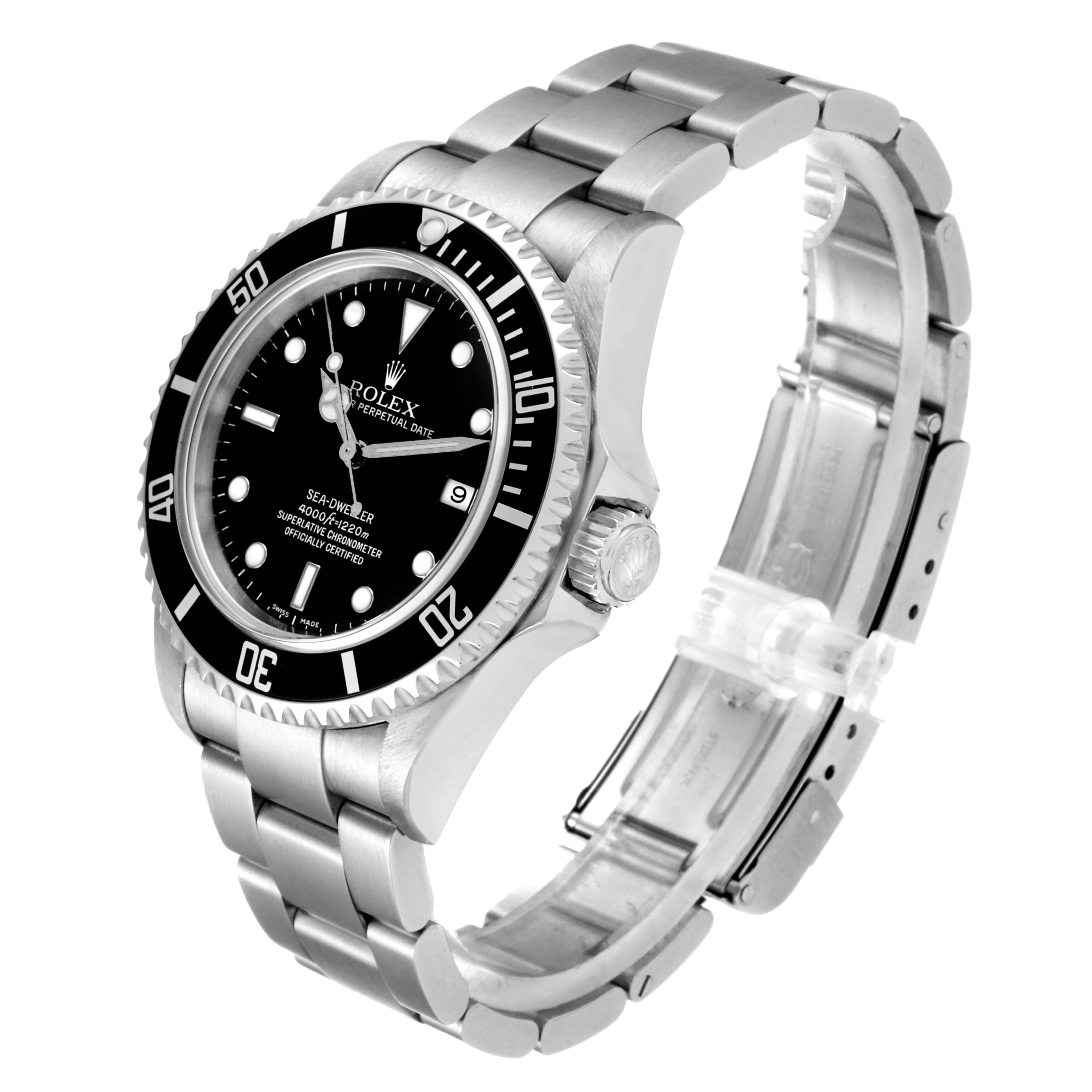 The image shows a Rolex Sea-Dweller 16600 Men
s Stainless Steel Black Dial 16600 Men
s Stainless Steel Black Dial watch at an angle highlighting the watch face, bezel, and bracelet.