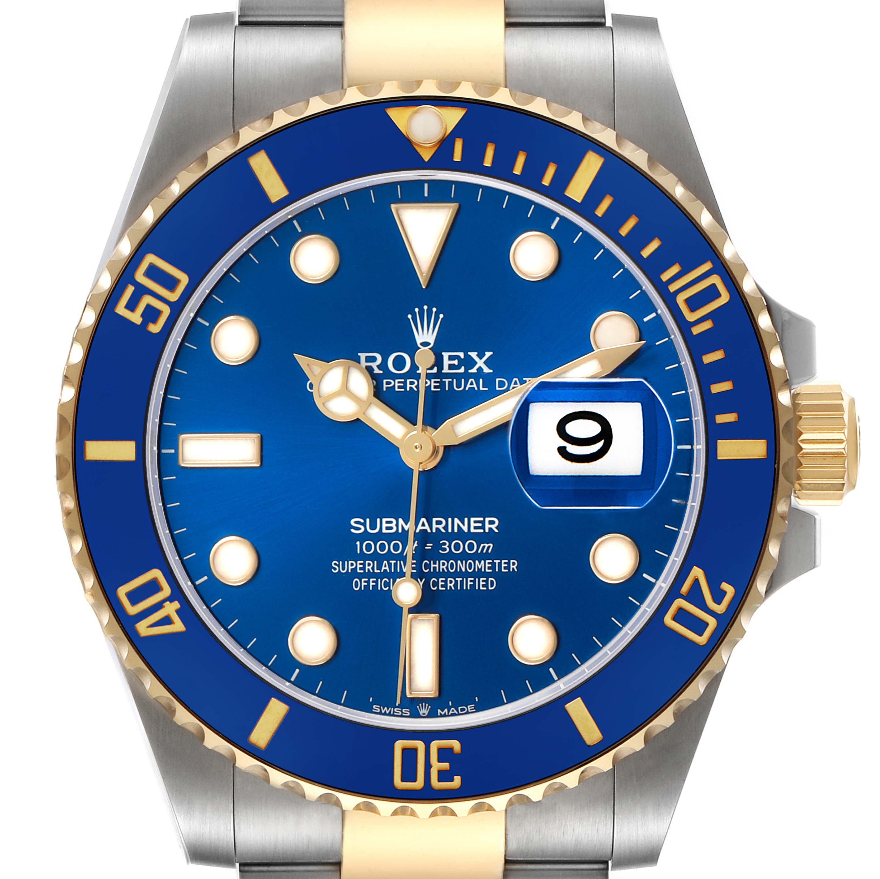 The Rolex Submariner 126613 Men's Steel and Gold (two tone) Blue Dial watch is shown from the front, displaying its blue dial, gold bezel, and date window.