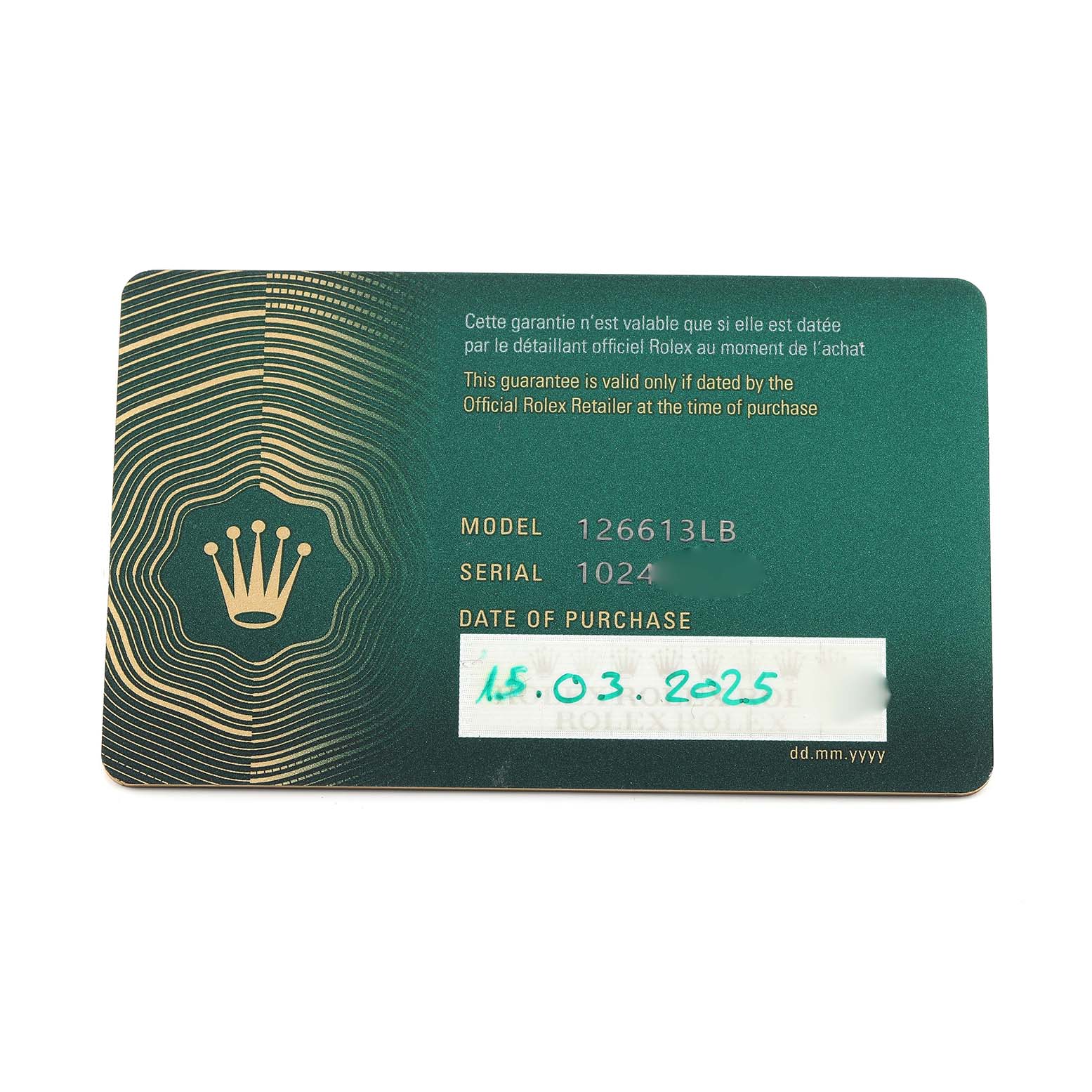 The image shows a guarantee card for the Rolex Submariner 126613 Men's Steel and Gold (two tone) Blue Dial model 126613LB, viewed from above.