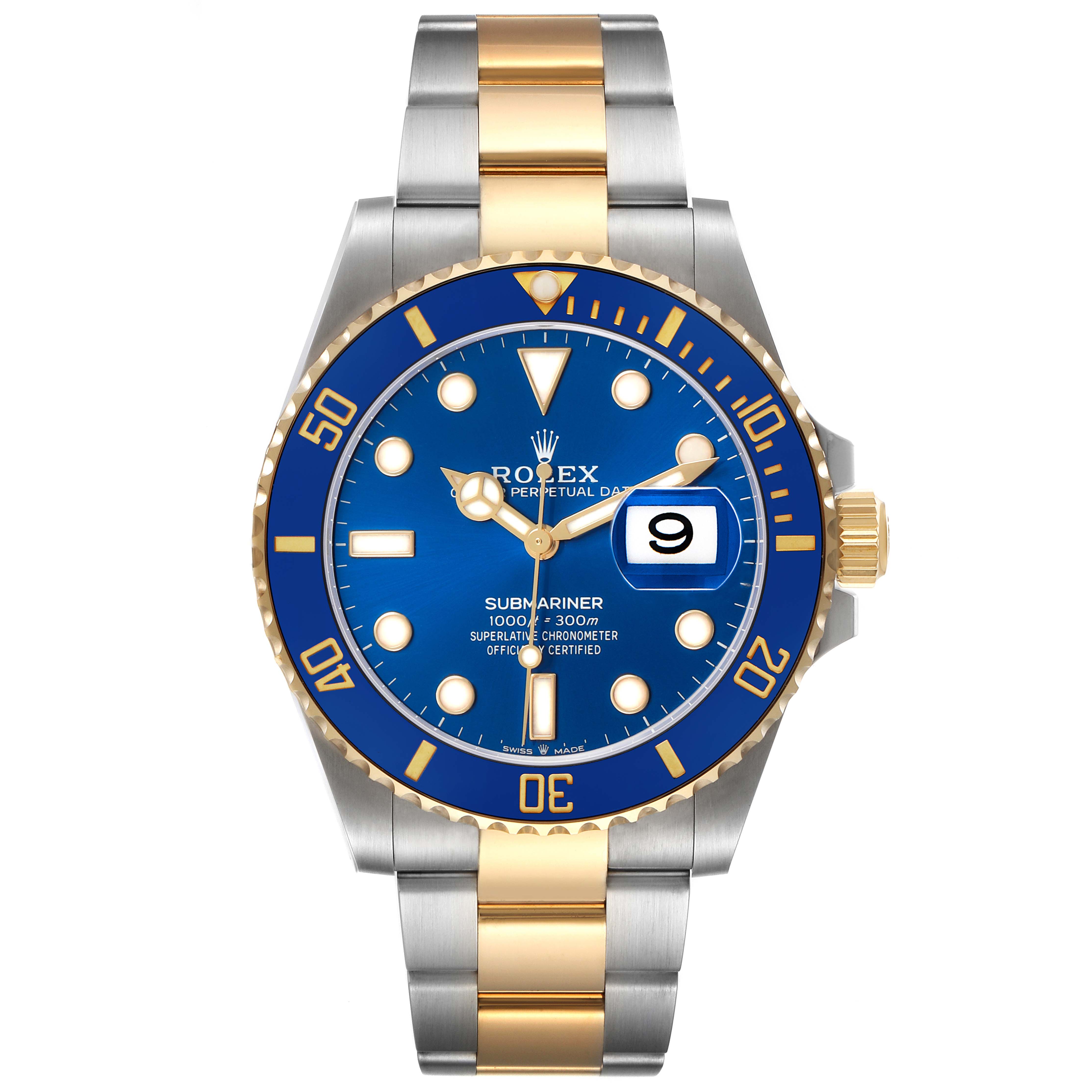 The Rolex Submariner 126613 Men's Steel and Gold (two tone) Blue Dial watch is shown from a top-down angle, highlighting its blue dial, bezel, and two-tone bracelet.