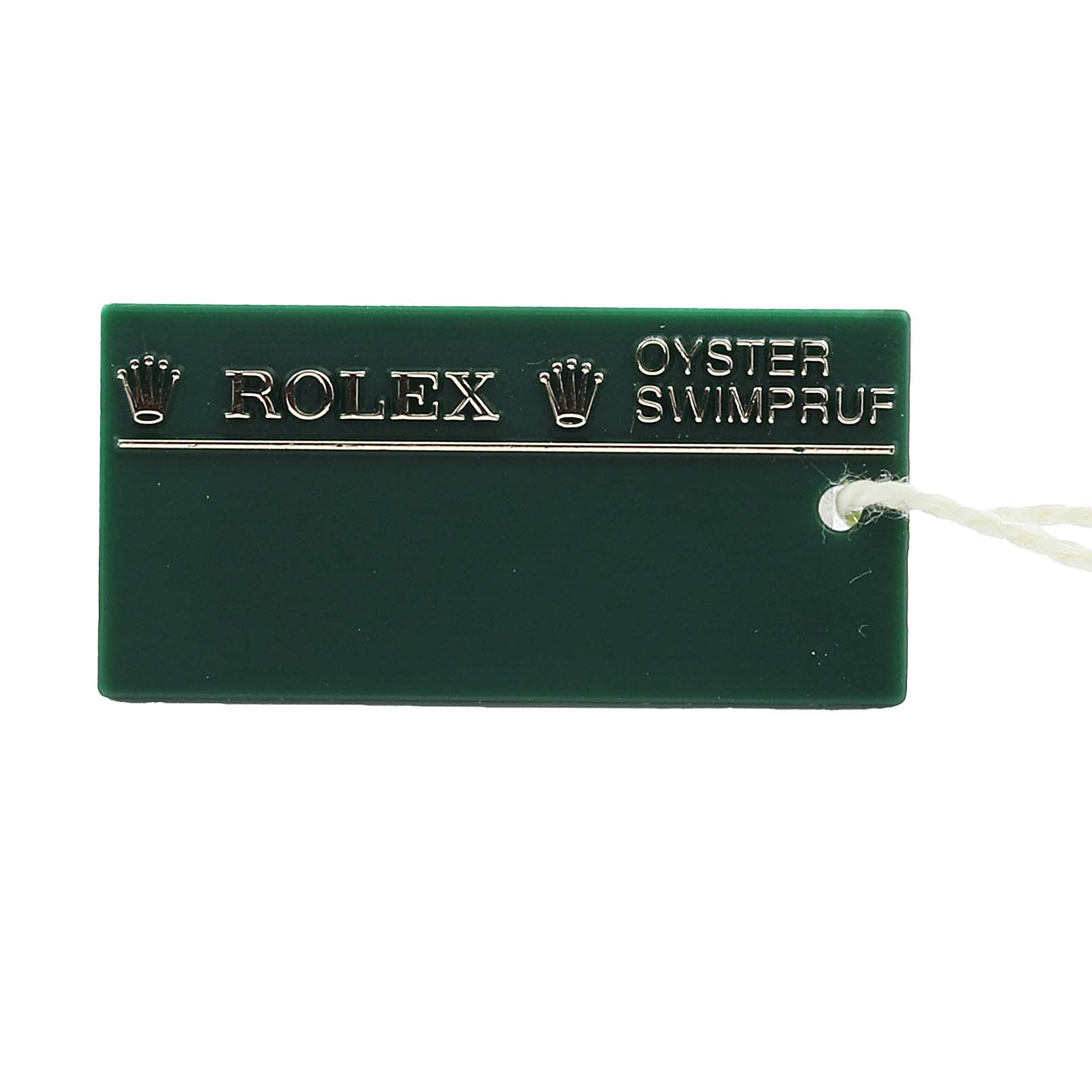 The image shows a green tag with "ROLEX" and "OYSTER SWIMPRUF" inscribed, related to the Rolex Submariner 16610 Men's Stainless Steel Black Dial model.
