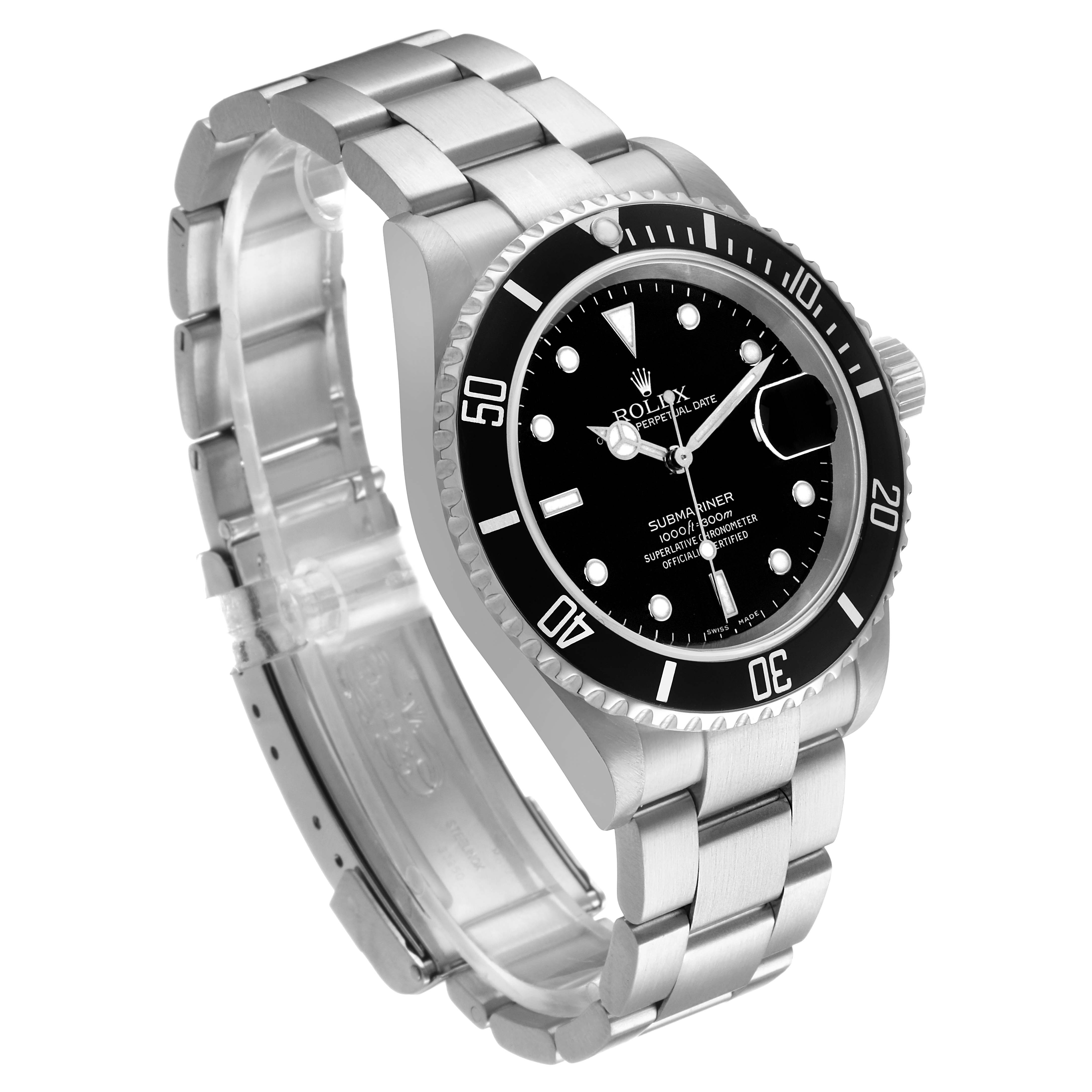 The Rolex Submariner 16610 Men's Stainless Steel Black Dial watch is shown at a three-quarter angle, displaying the dial, bezel, and bracelet.