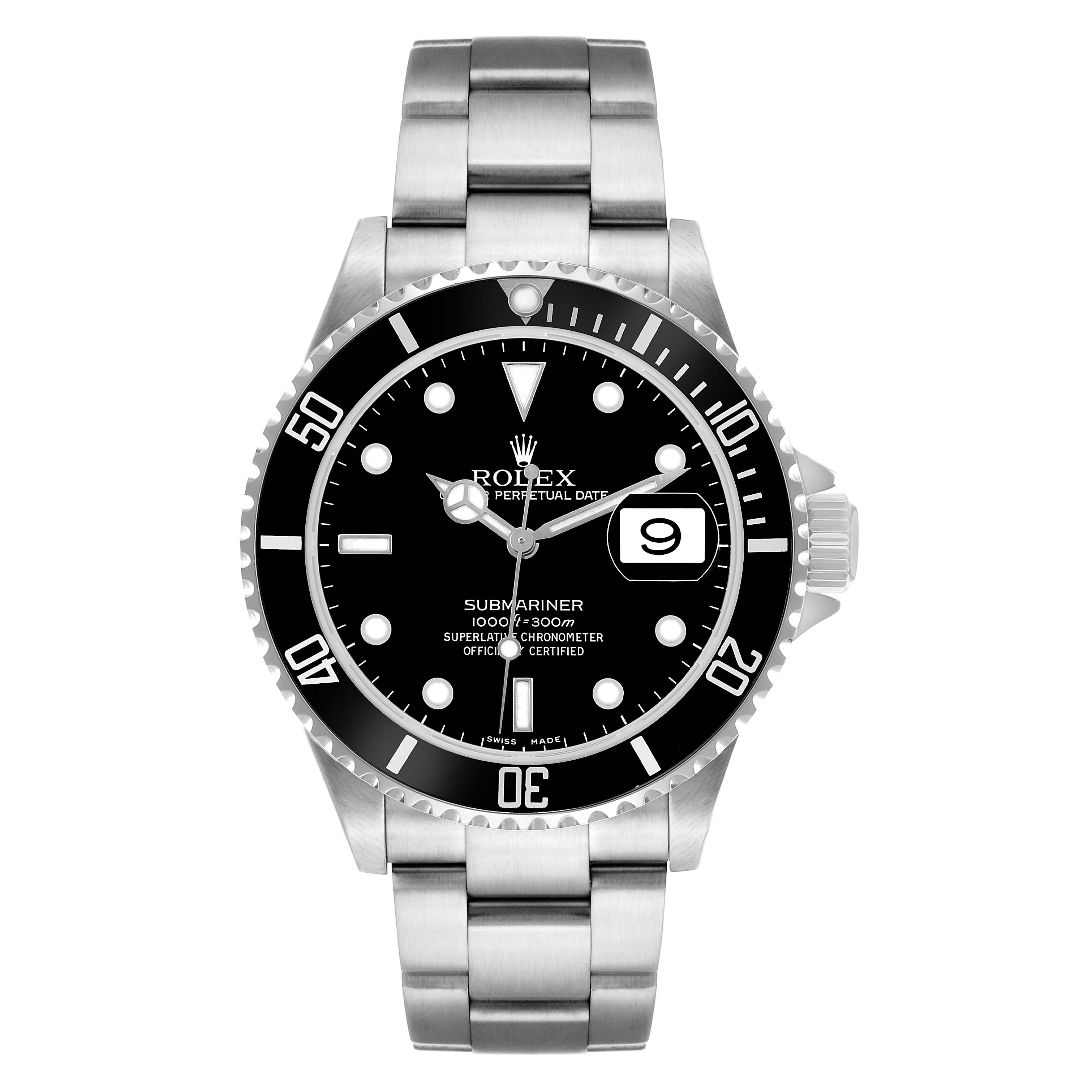 The Rolex Submariner 16610 Men's Stainless Steel Black Dial is shown from the front, displaying the dial, bezel, date window, and bracelet.