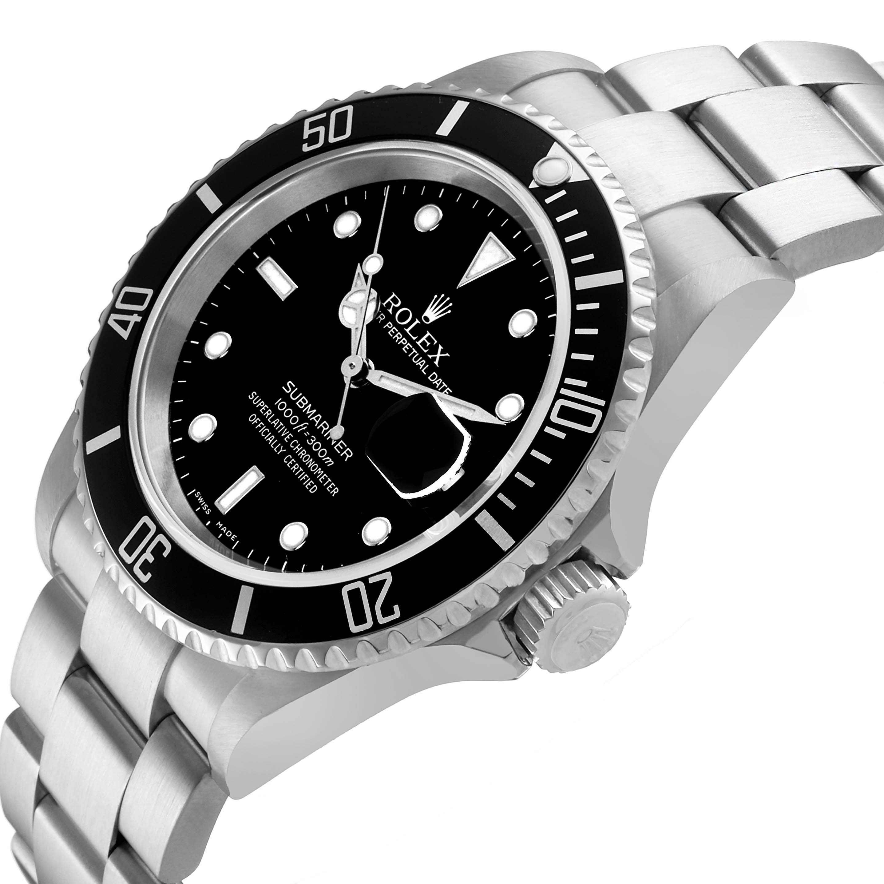 The Rolex Submariner 16610 Men's Stainless Steel Black Dial is shown at a front angle, highlighting the dial, bezel, and part of the bracelet.