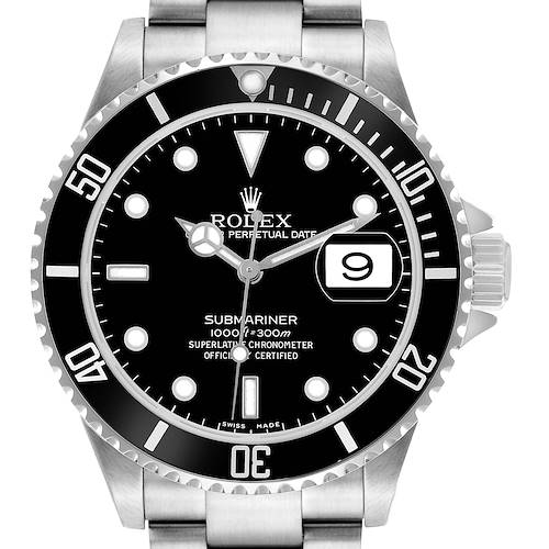 The image shows a front view of a Rolex Submariner 16610 Men's Stainless Steel Black Dial watch, highlighting the bezel, dial, hands, and bracelet.