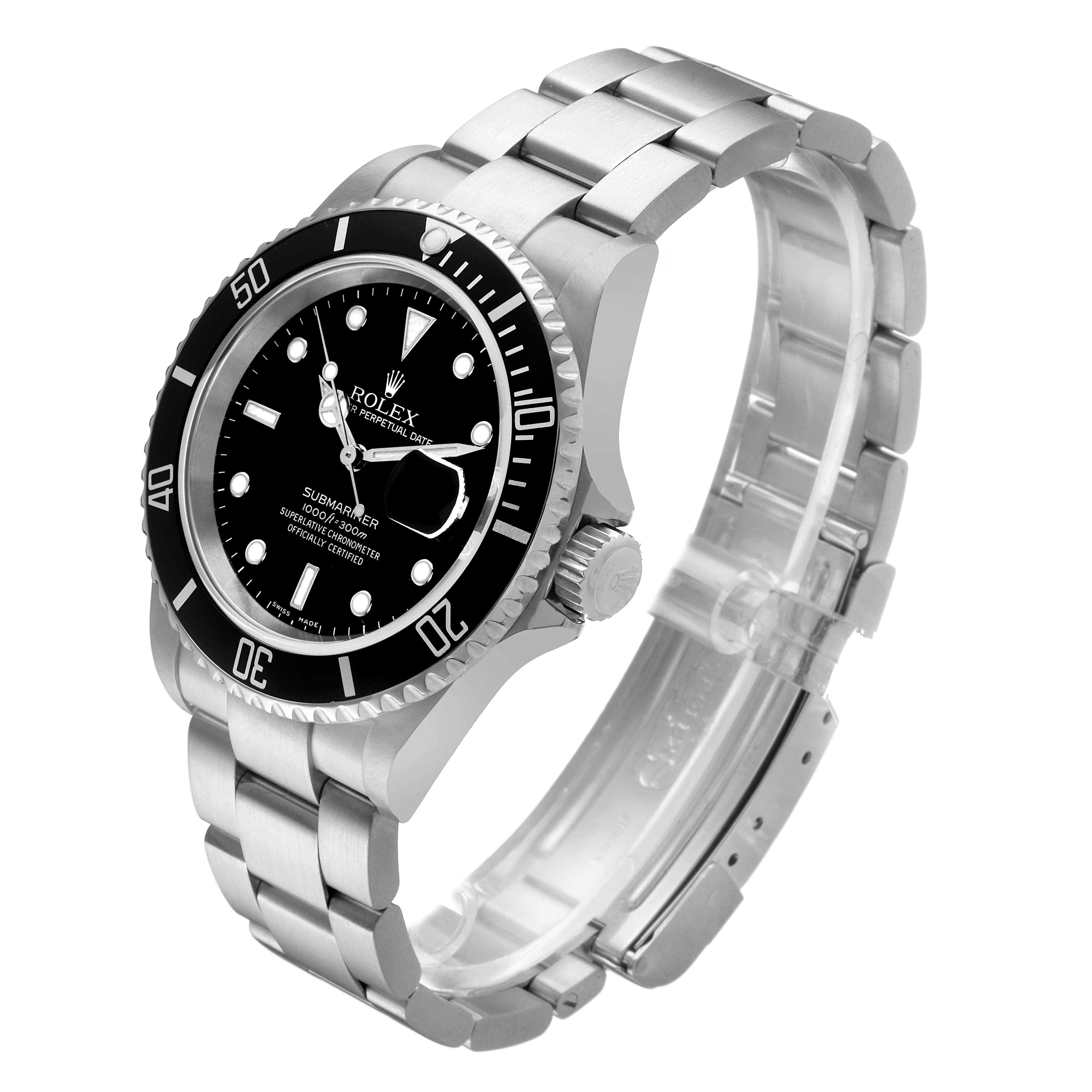 The Rolex Submariner 16610 Men's Stainless Steel Black Dial watch is shown at a three-quarter angle, highlighting the dial, bezel, crown, and bracelet.