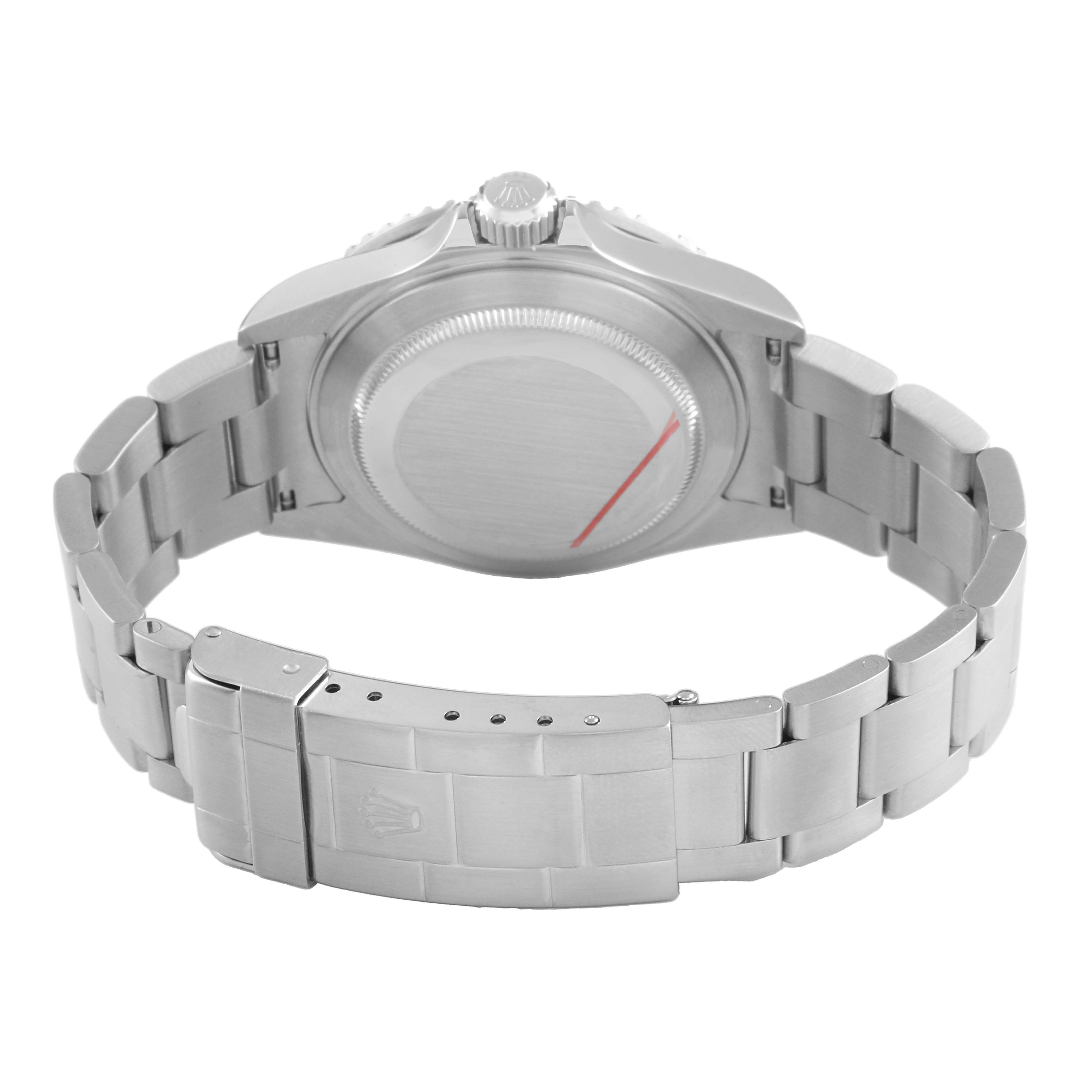 The image shows the back of the Rolex Submariner 16610 Men's Stainless Steel Black Dial, highlighting its case back, bracelet, and clasp, viewed from the rear.