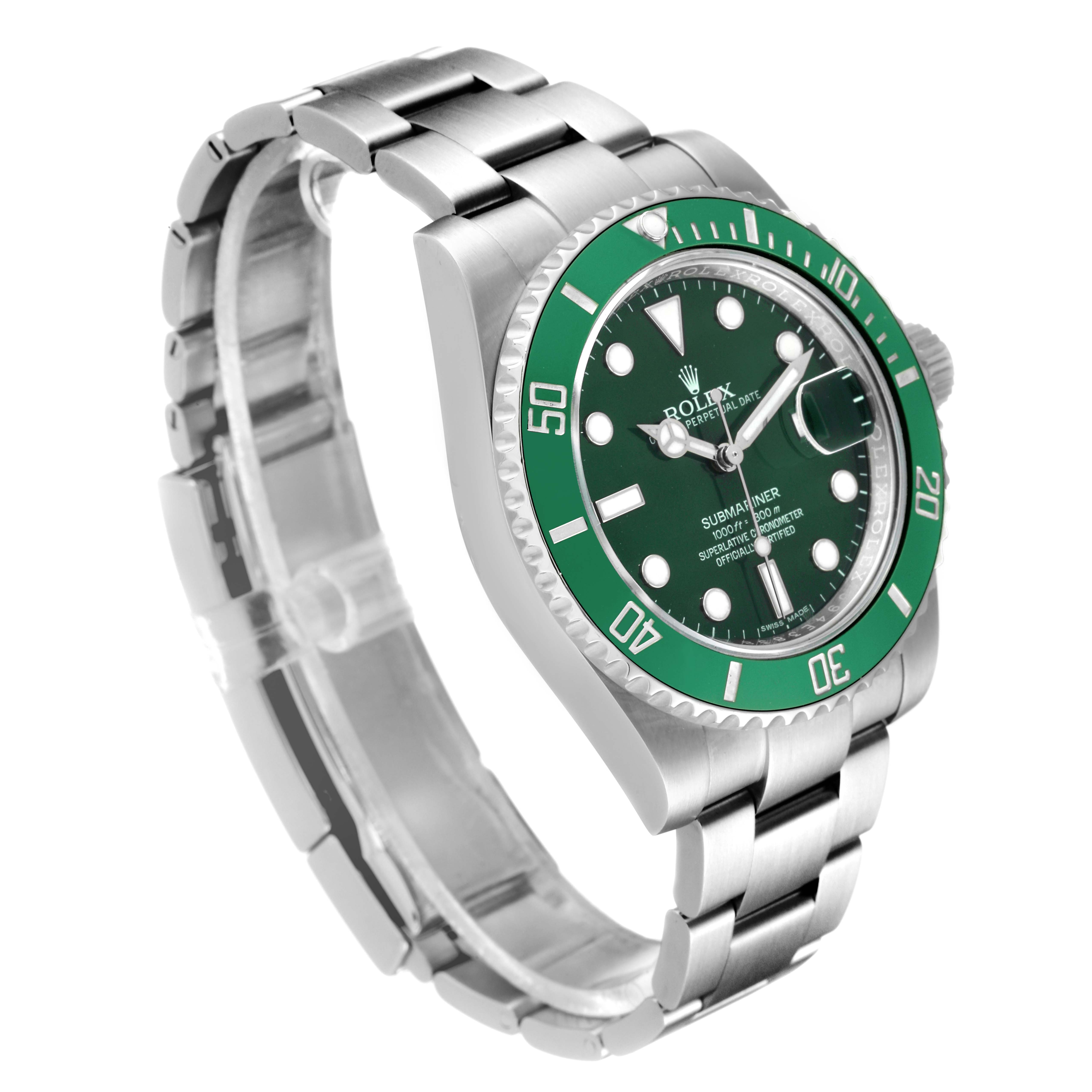 This image shows a side-angle view of a Rolex Submariner 116610LV Men
s Stainless Steel Green Dial 116610LV Men
s Stainless Steel Green Dial watch, displaying the dial, bezel, and bracelet.