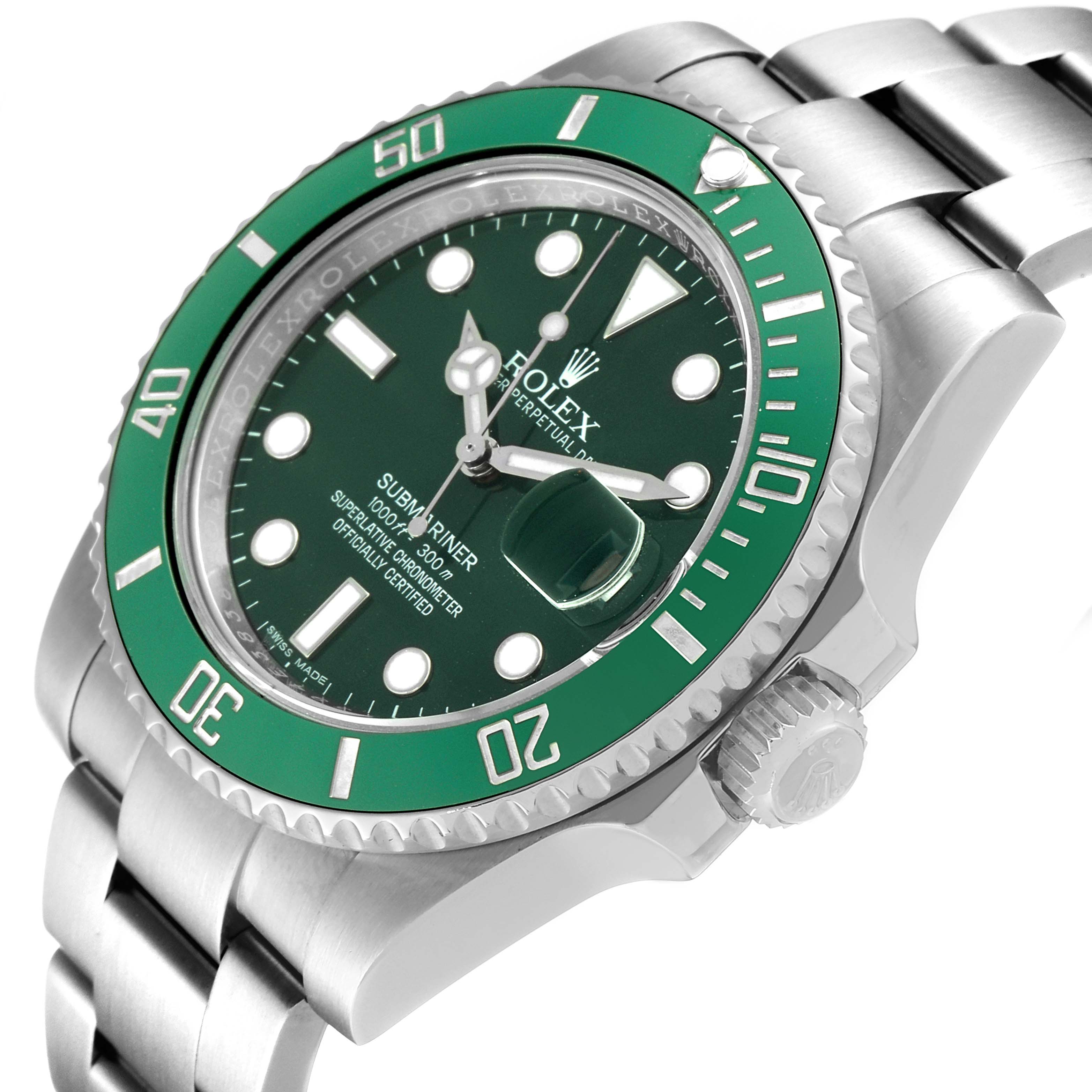 This image shows the front and side of a Rolex Submariner 116610LV Men
s Stainless Steel Green Dial 116610LV Men
s Stainless Steel Green Dial, showcasing the green bezel and dial, and the stainless steel bracelet.