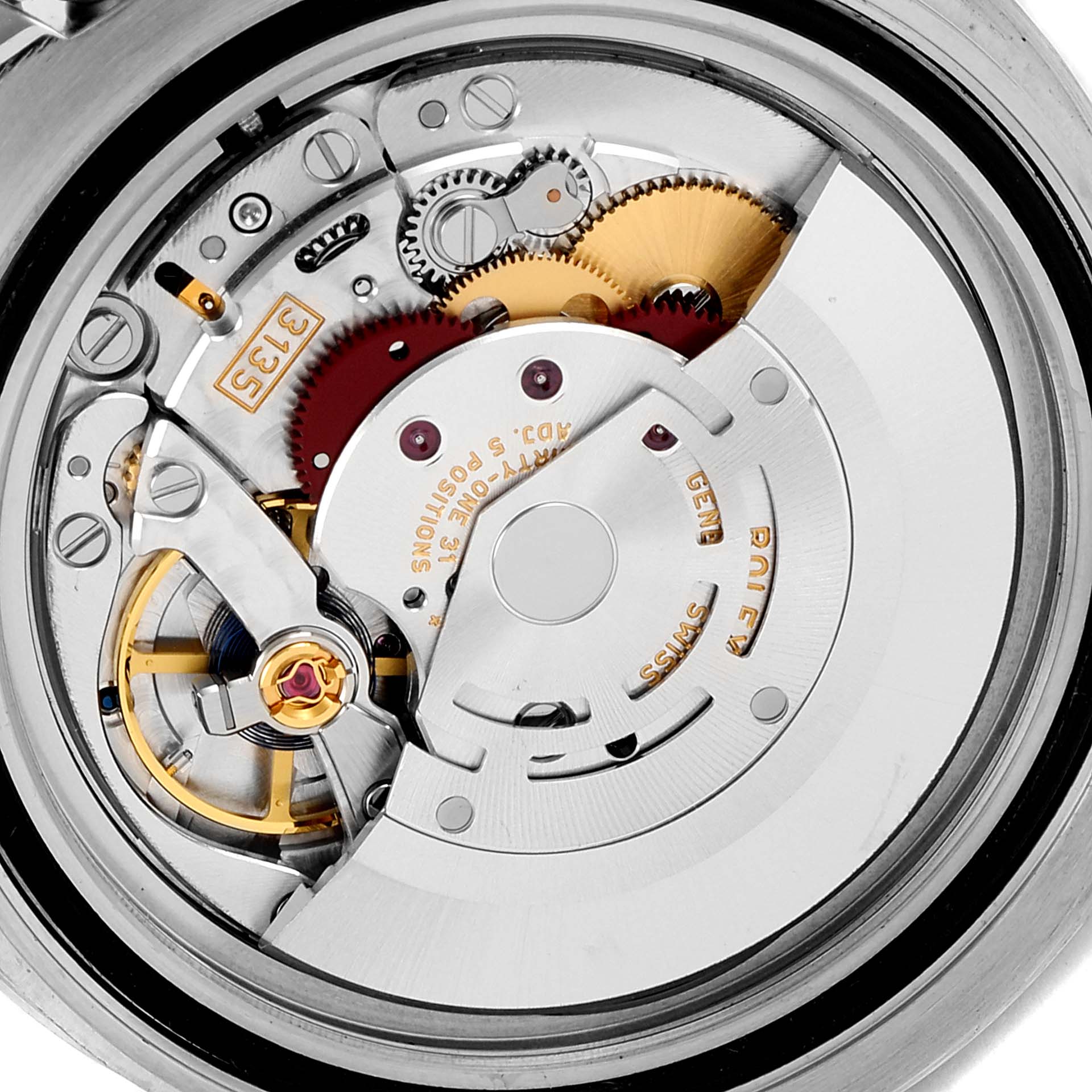 This is an image of the movement mechanism of a Rolex Submariner 116610LV Men
s Stainless Steel Green Dial 116610LV Men
s Stainless Steel Green Dial watch, viewed from the back.