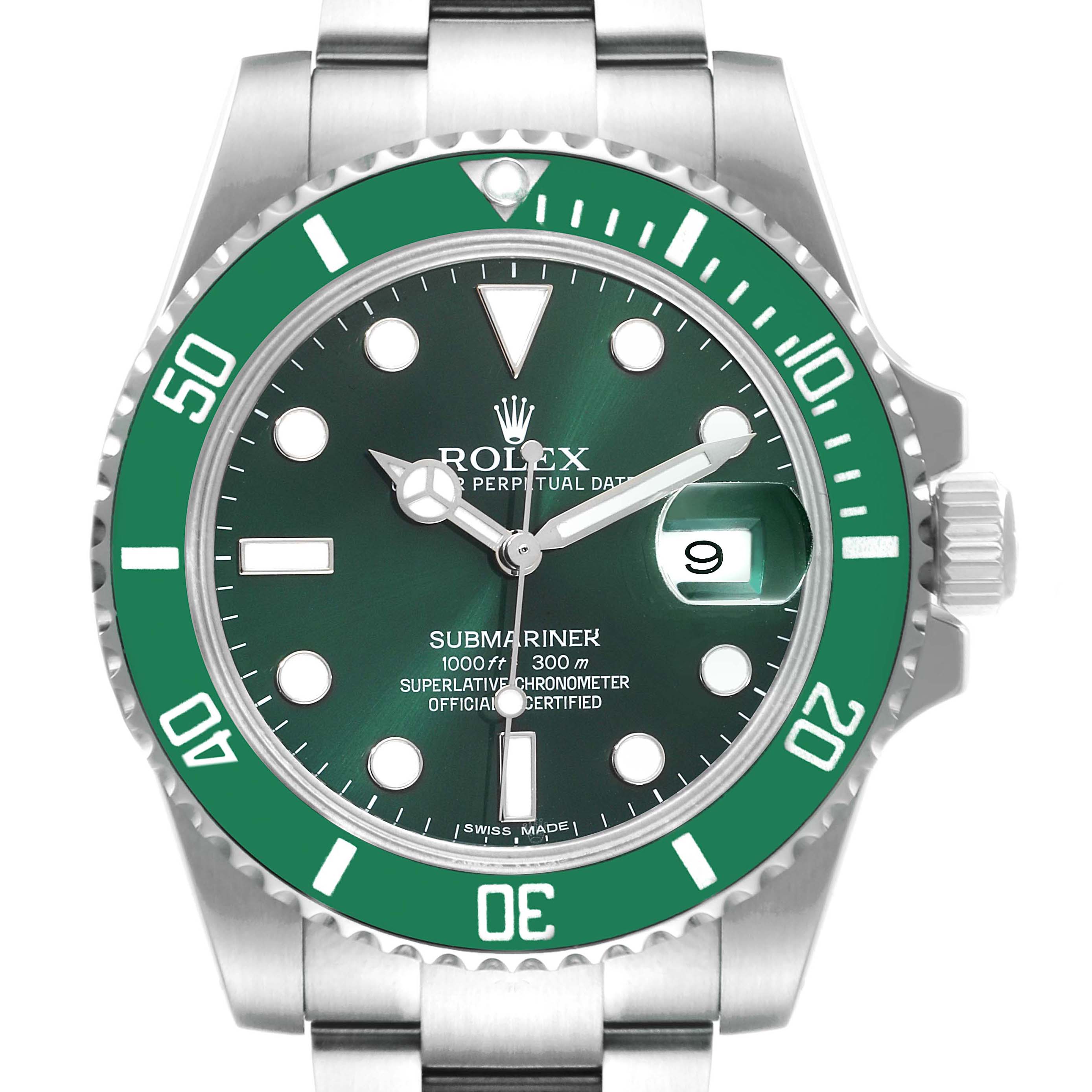The Rolex Submariner 116610LV Men
s Stainless Steel Green Dial 116610LV Men
s Stainless Steel Green Dial watch is shown from a front angle, displaying its green bezel, green dial, and date window.