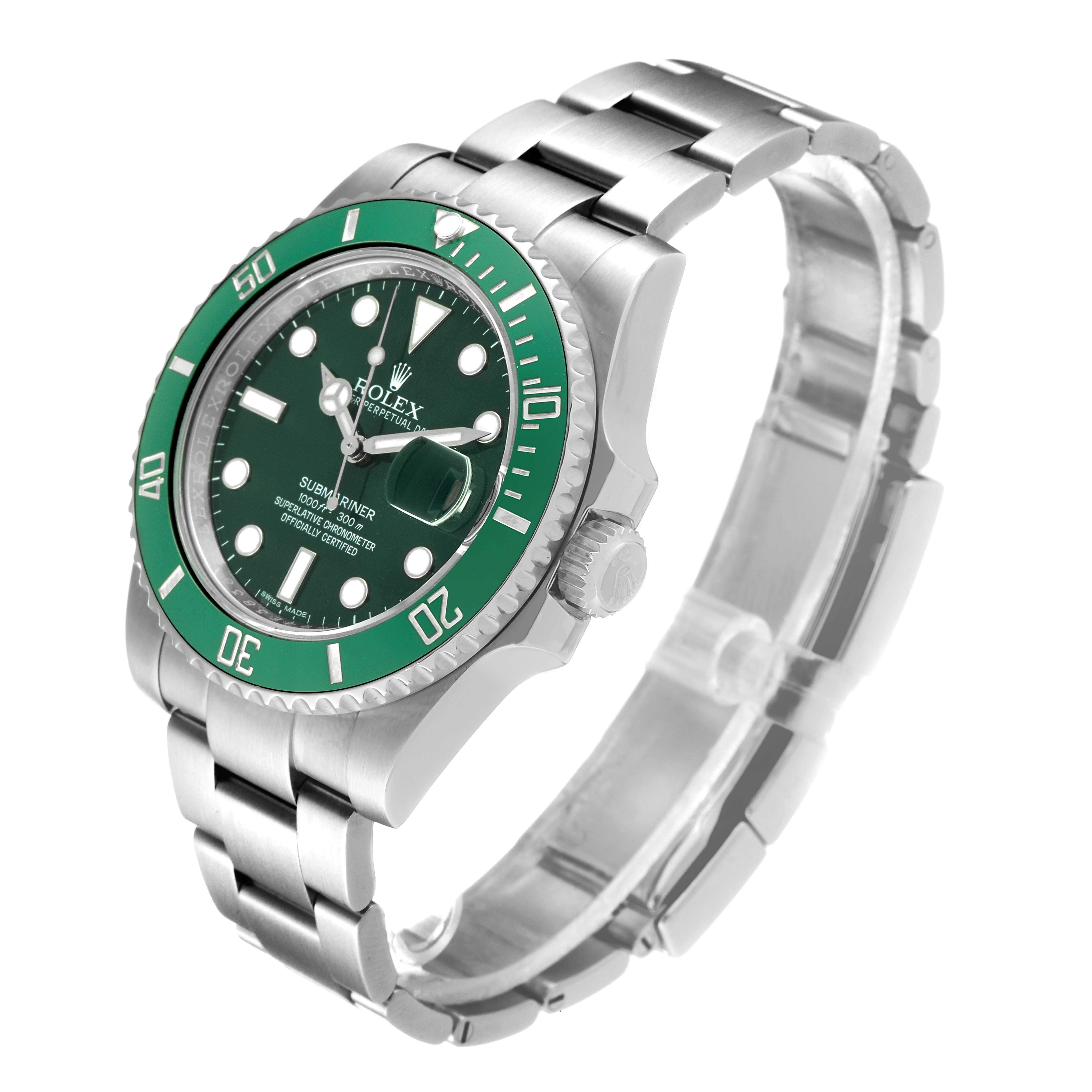 The image shows a Rolex Submariner 116610LV Men
s Stainless Steel Green Dial 116610LV Men
s Stainless Steel Green Dial watch at a high angle, highlighting the face, bezel, and bracelet.