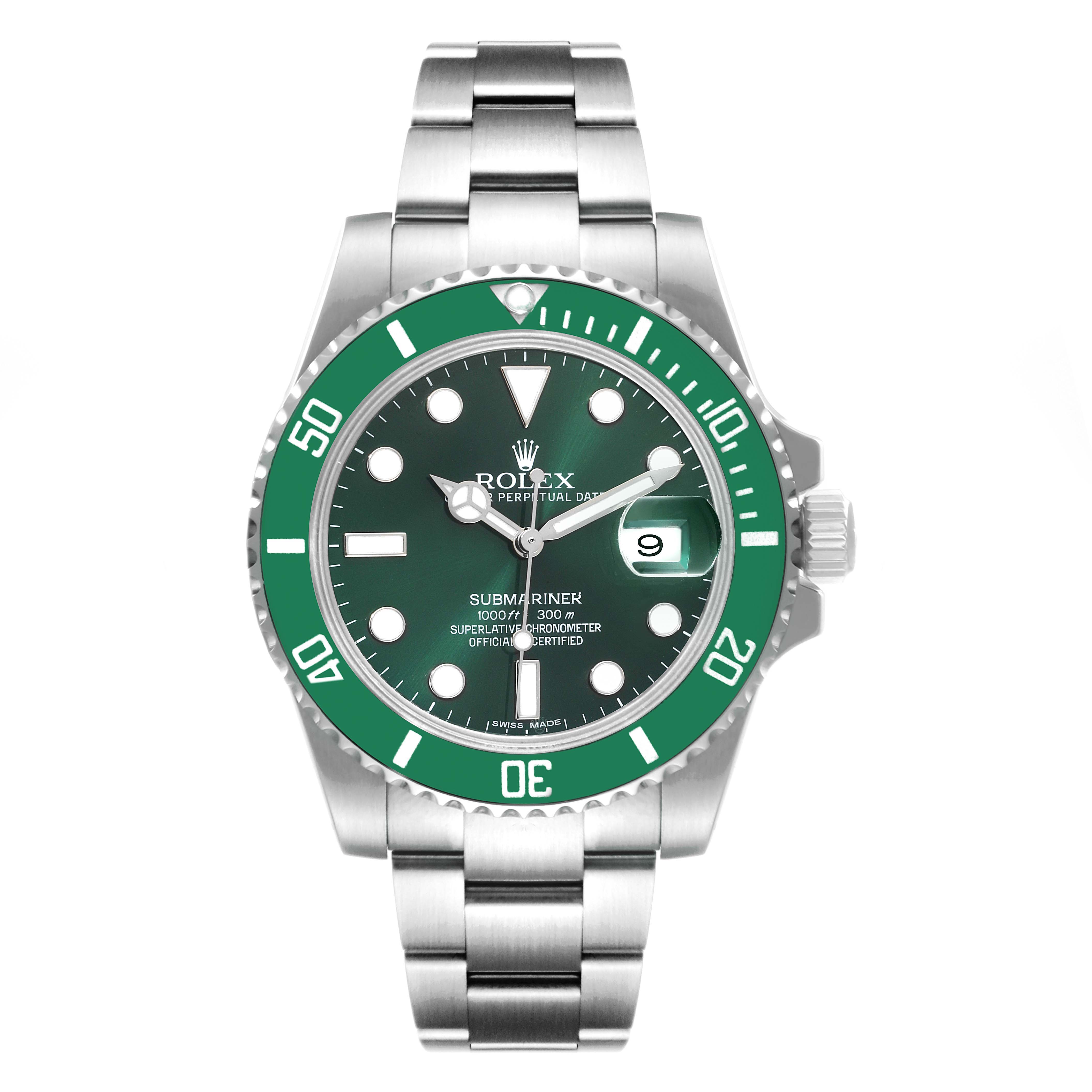 The image shows a front view of a Rolex Submariner 116610LV Men
s Stainless Steel Green Dial 116610LV Men
s Stainless Steel Green Dial watch, highlighting its green bezel, green dial, and stainless steel bracelet.