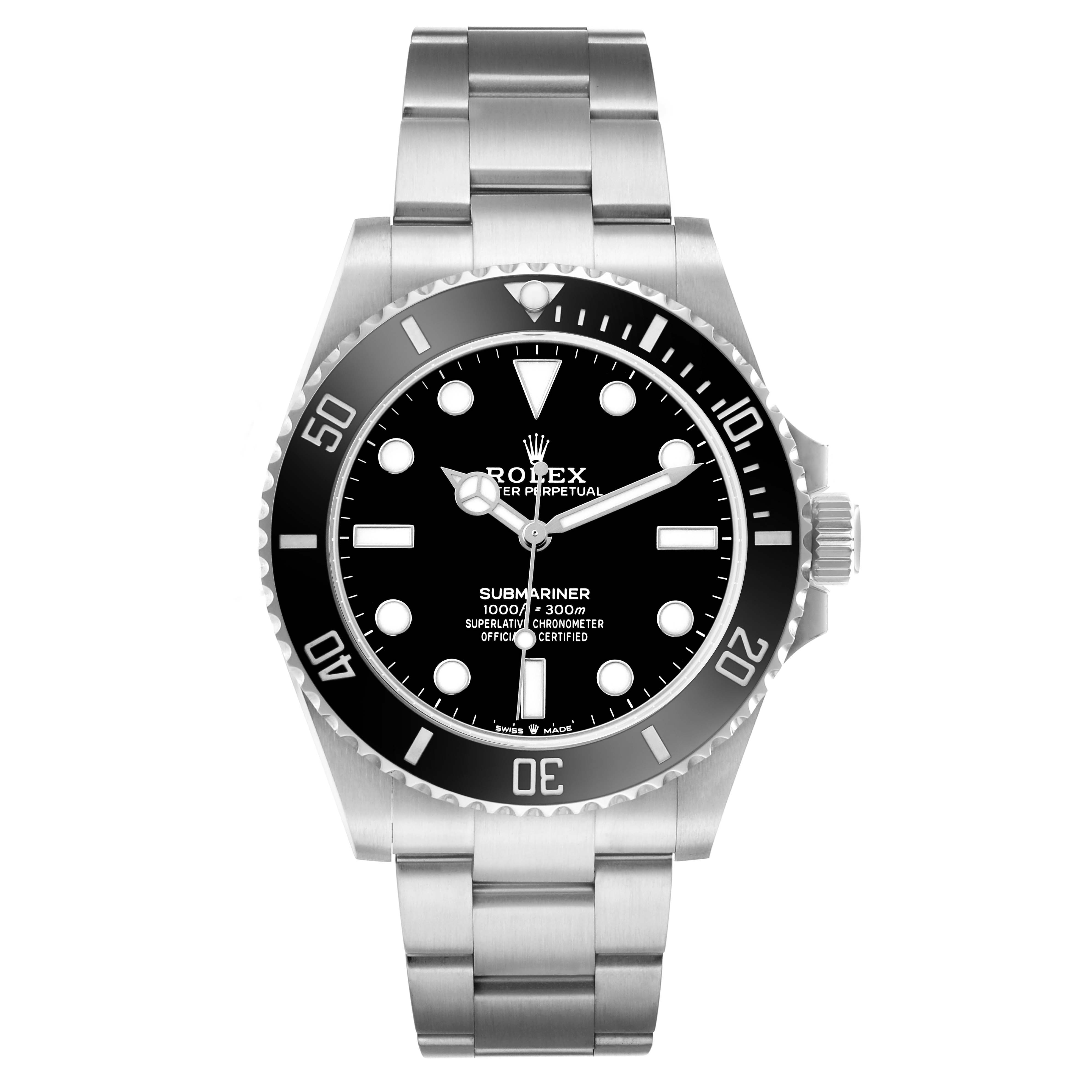 The Rolex Submariner 124060 Men's Stainless Steel Black Dial watch is shown from a front angle, displaying its dial, bezel, and bracelet.