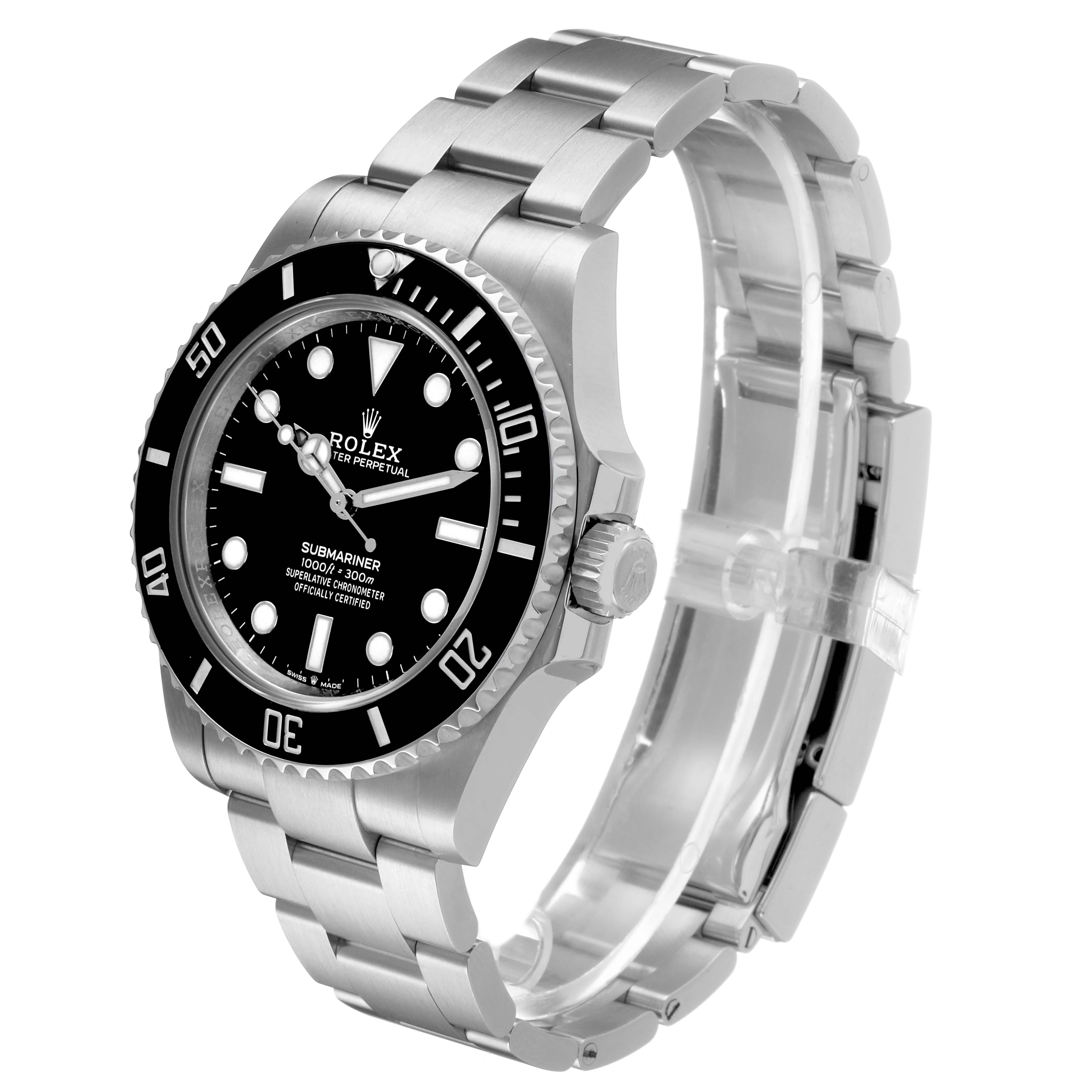 The Rolex Submariner 124060 Men's Stainless Steel Black Dial watch is shown at a slight angle, highlighting the bezel, crown, and bracelet.