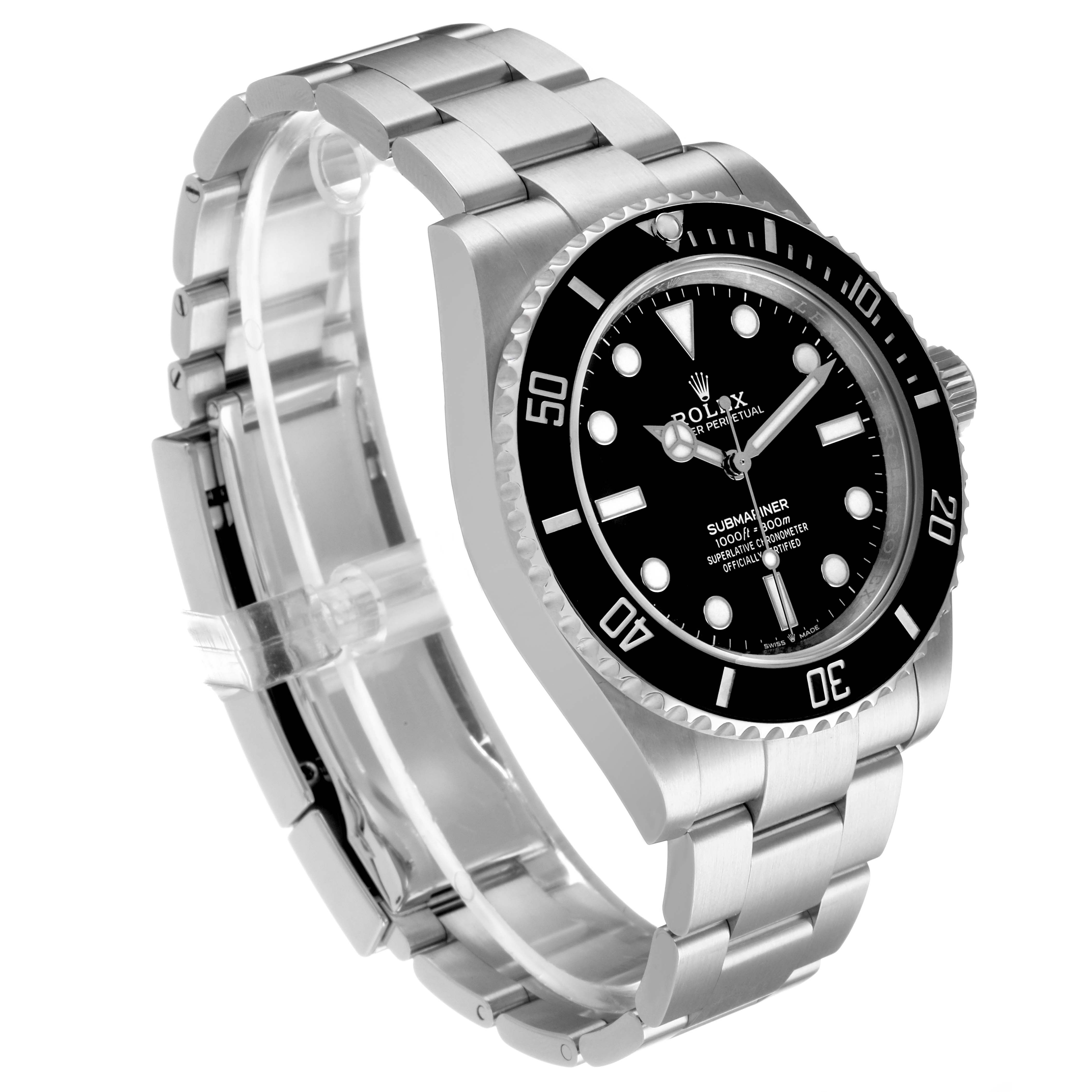 The Rolex Submariner 124060 Men's Stainless Steel Black Dial watch is shown at an angled side view, highlighting the bezel, dial, and bracelet.