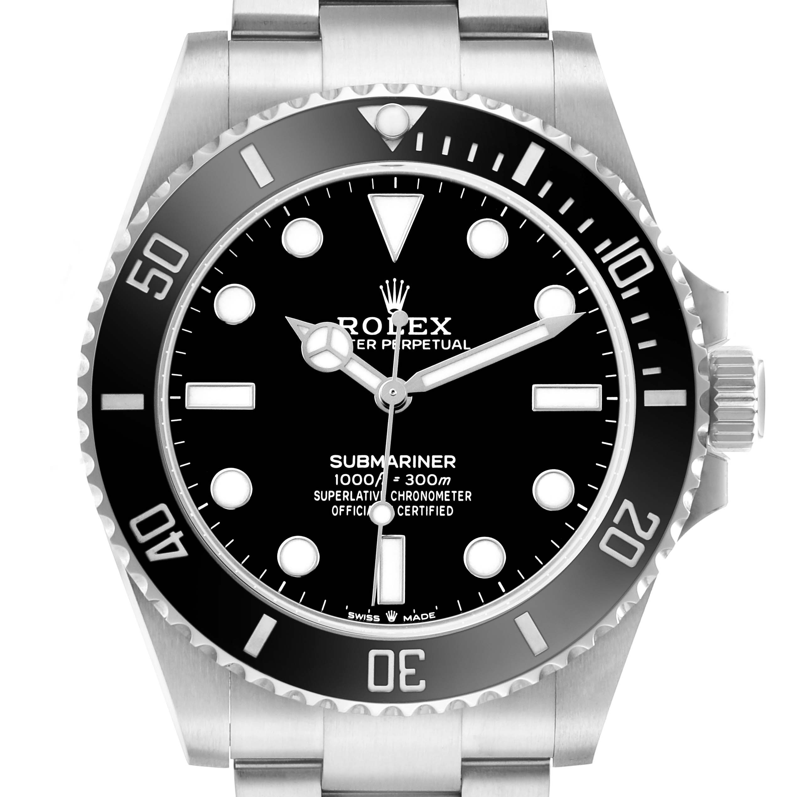 The image shows a Rolex Submariner 124060 Men's Stainless Steel Black Dial watch from the front, highlighting the black dial, bezel, and the stainless steel case.