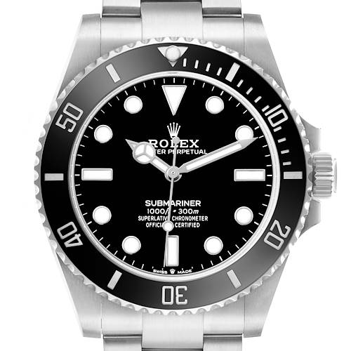The Rolex Submariner 124060 Men's Stainless Steel Black Dial watch is shown from a front angle, displaying the bezel, dial, and part of the bracelet.