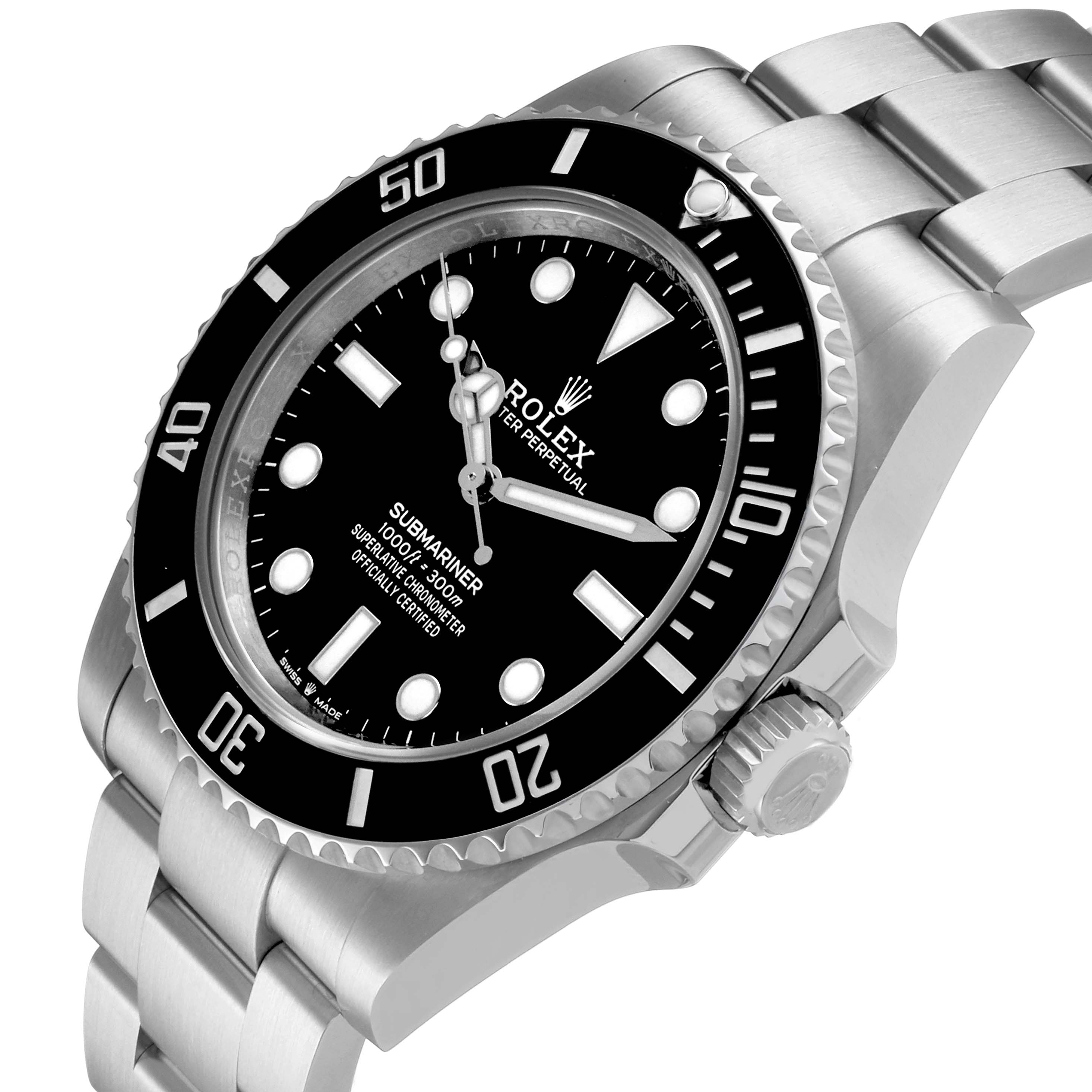 The Rolex Submariner 124060 Men's Stainless Steel Black Dial watch is shown at a three-quarter angle, highlighting the bezel, dial, hands, and bracelet.