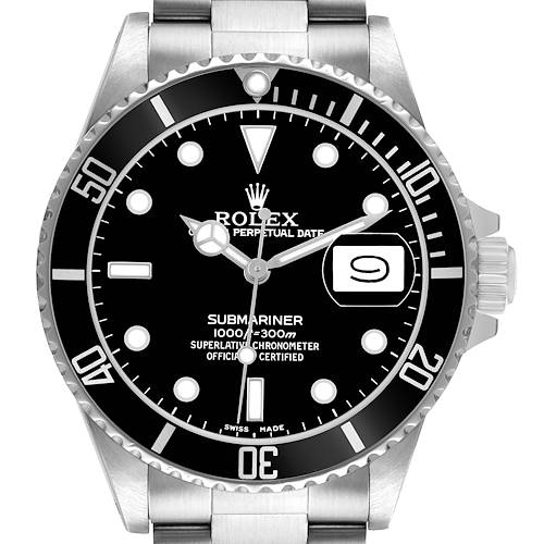 The Rolex Submariner 168000 Men's Stainless Steel Black Dial watch is shown from a front view, displaying its dial, bezel, crown, and part of the bracelet.