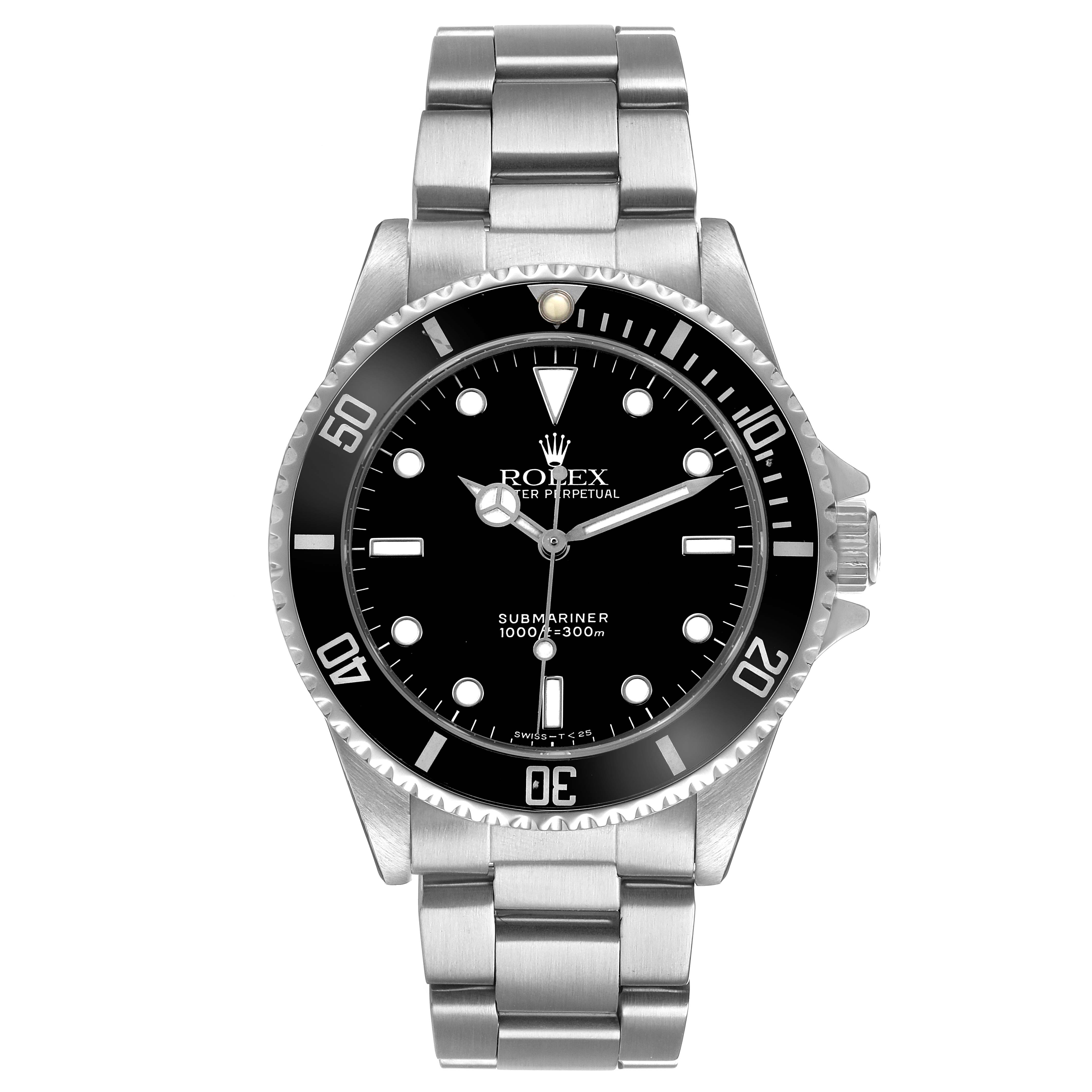 The Rolex Submariner 14060 Men's Stainless Steel Black Dial is shown from a front angle, displaying the full face, bezel, and bracelet.