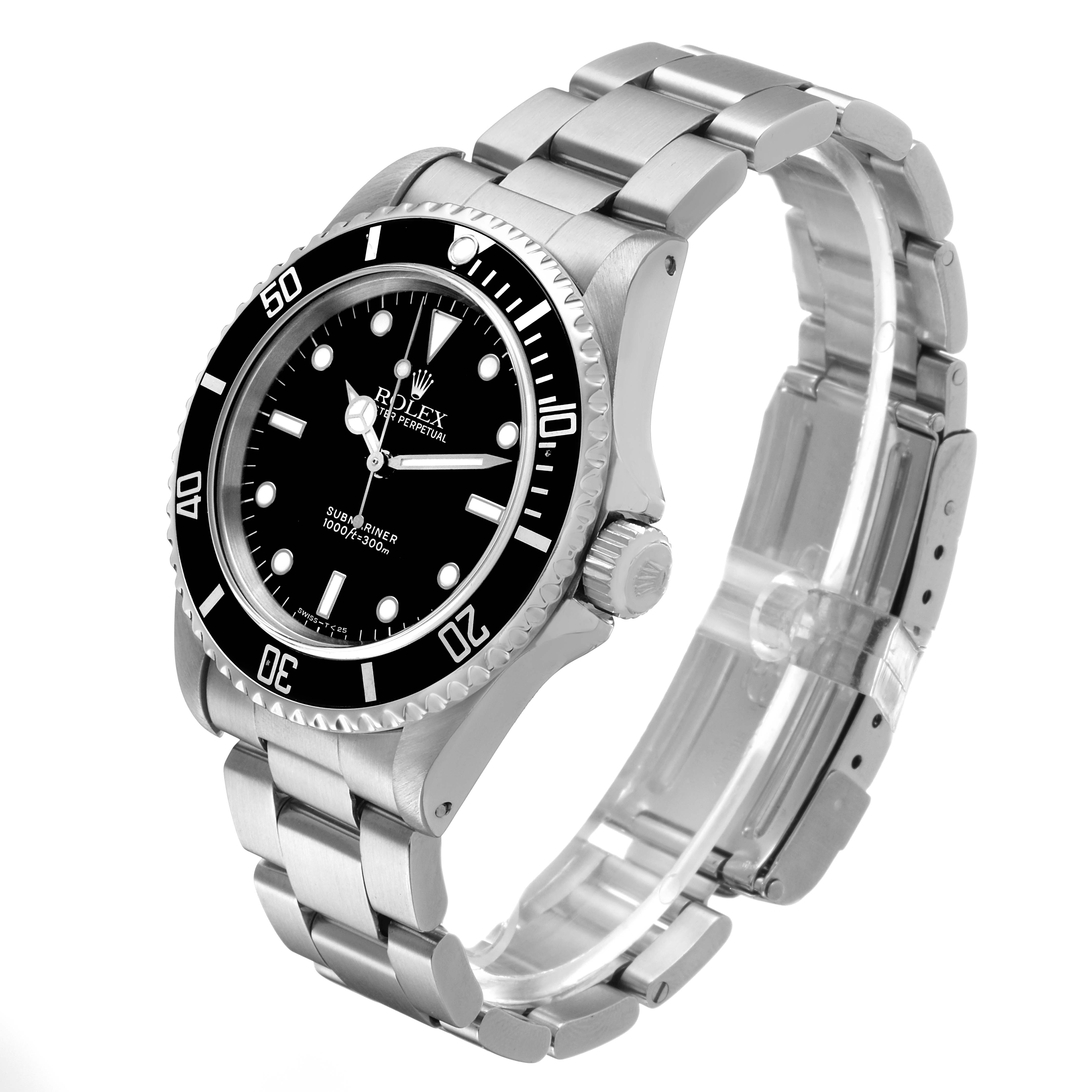 The Rolex Submariner 14060 Men's Stainless Steel Black Dial watch is shown at a three-quarter angle, displaying its bezel, dial, bracelet, and crown.