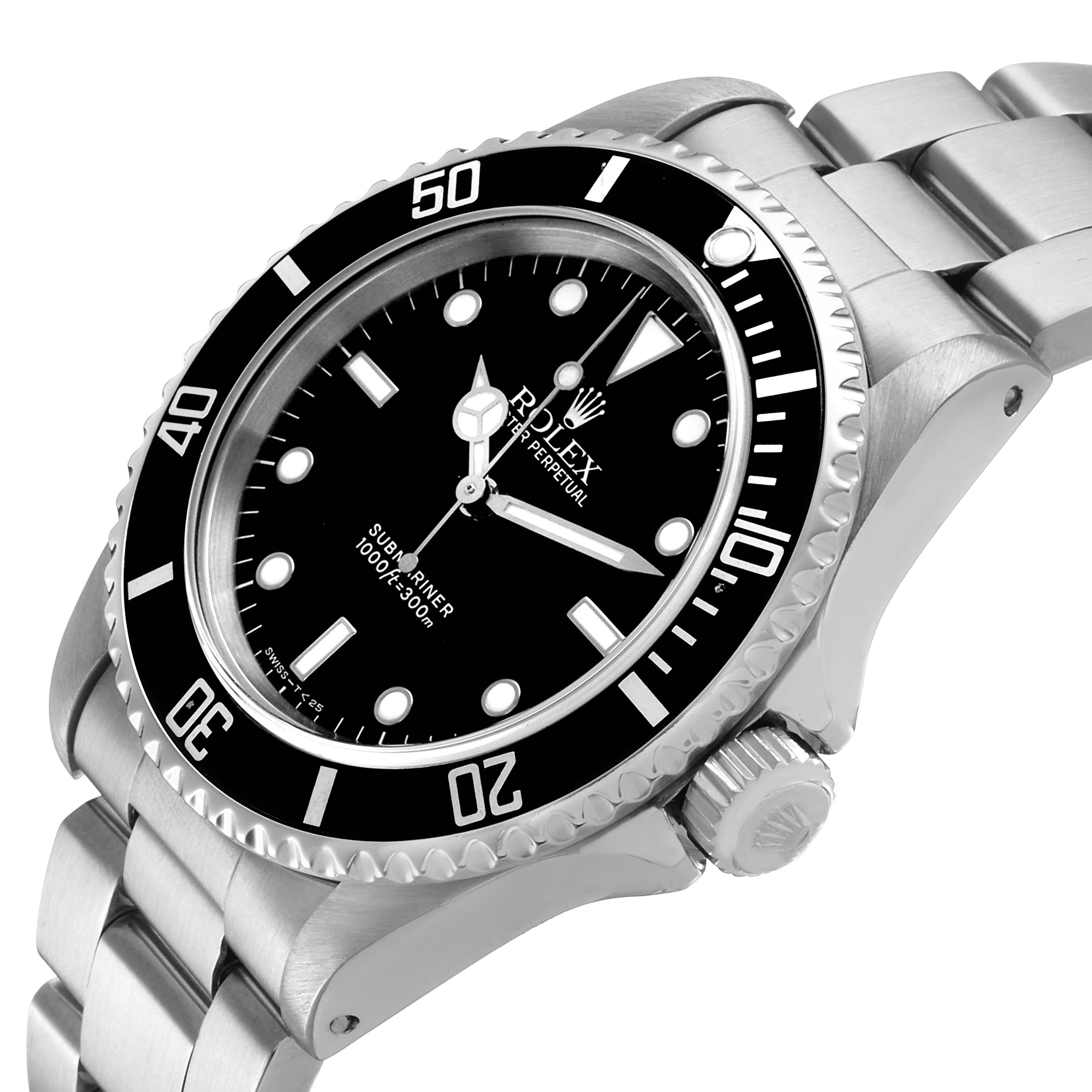 The Rolex Submariner 14060 Men's Stainless Steel Black Dial watch is shown at an angled side view, displaying the bezel, crown, dial, and part of the bracelet.