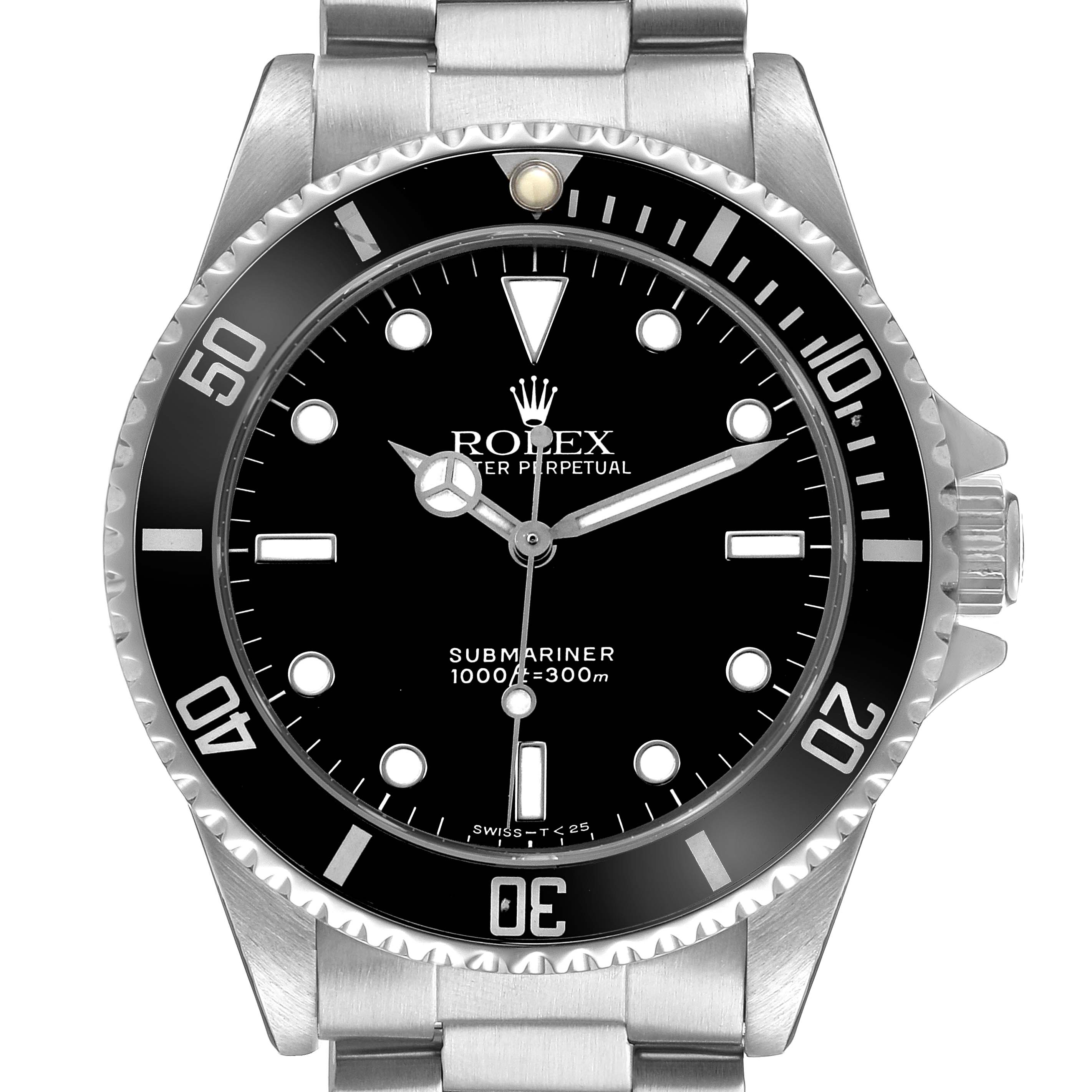 The Rolex Submariner 14060 Men's Stainless Steel Black Dial watch is shown from a front view, highlighting the bezel, dial, hands, and bracelet.