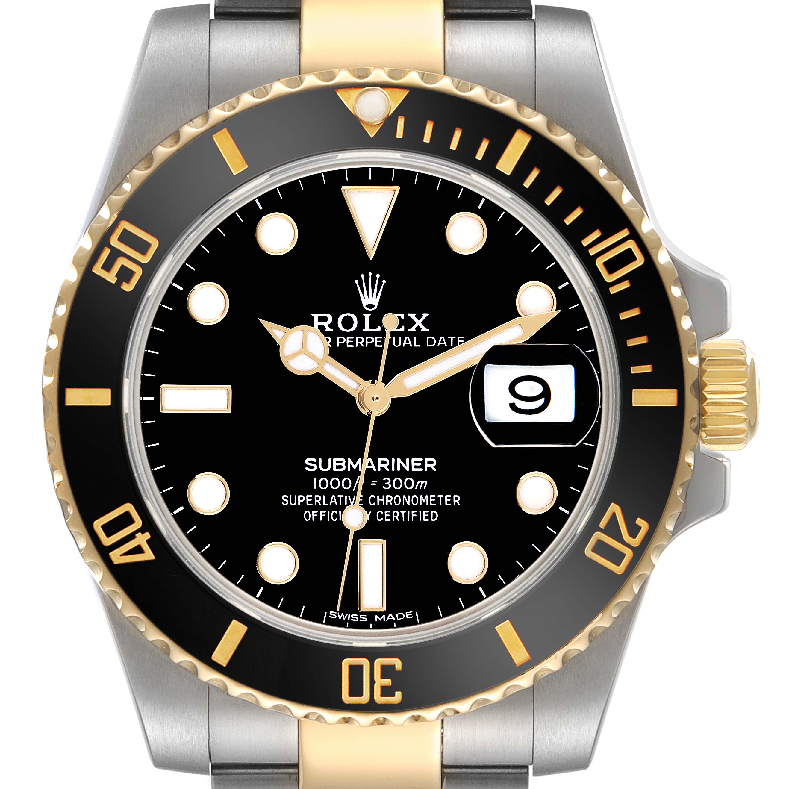 The image shows the front view of a Rolex Submariner 116613LN Men's Steel and Gold (two tone) Black Dial 116613LN Men's Steel and Gold (two tone) Black Dial, displaying the dial, bezel, hands, and date window.