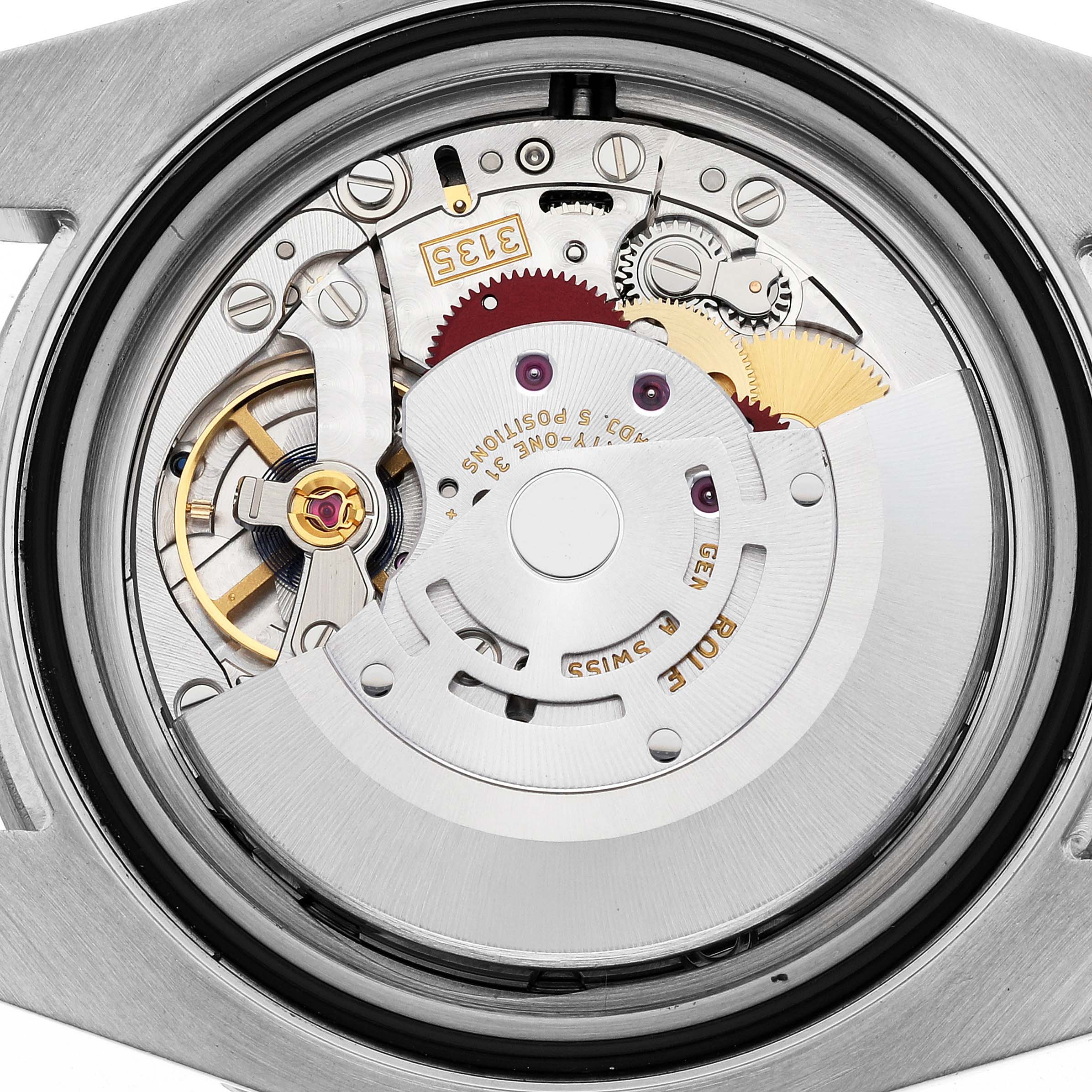 This image shows a close-up view of the movement mechanism inside a Rolex Submariner 116613LN Men's Steel and Gold (two tone) Black Dial 116613LN Men's Steel and Gold (two tone) Black Dial watch.