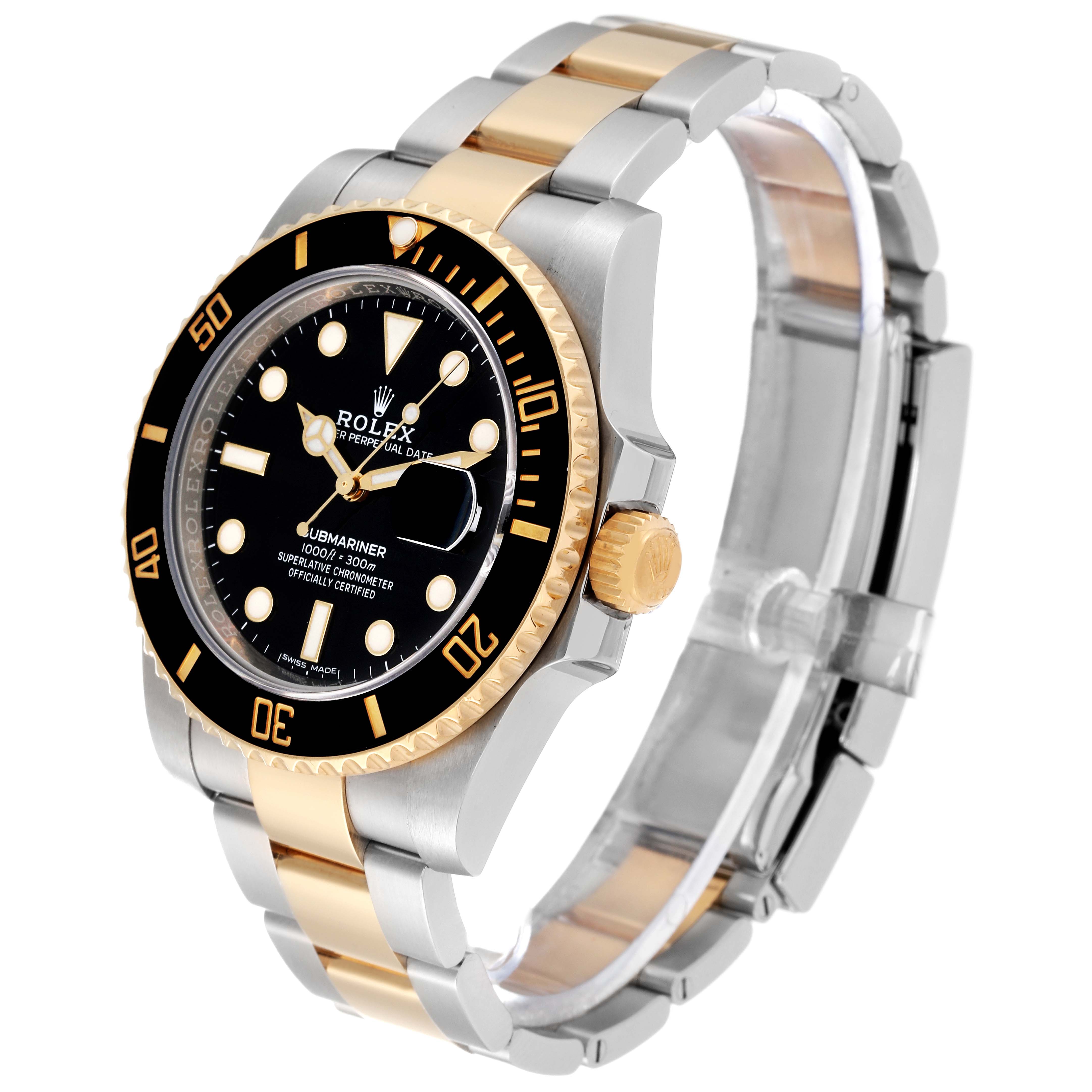 The image shows a Rolex Submariner 116613LN Men's Steel and Gold (two tone) Black Dial 116613LN Men's Steel and Gold (two tone) Black Dial watch at a three-quarter angle, highlighting the watch face and two-tone bracelet.