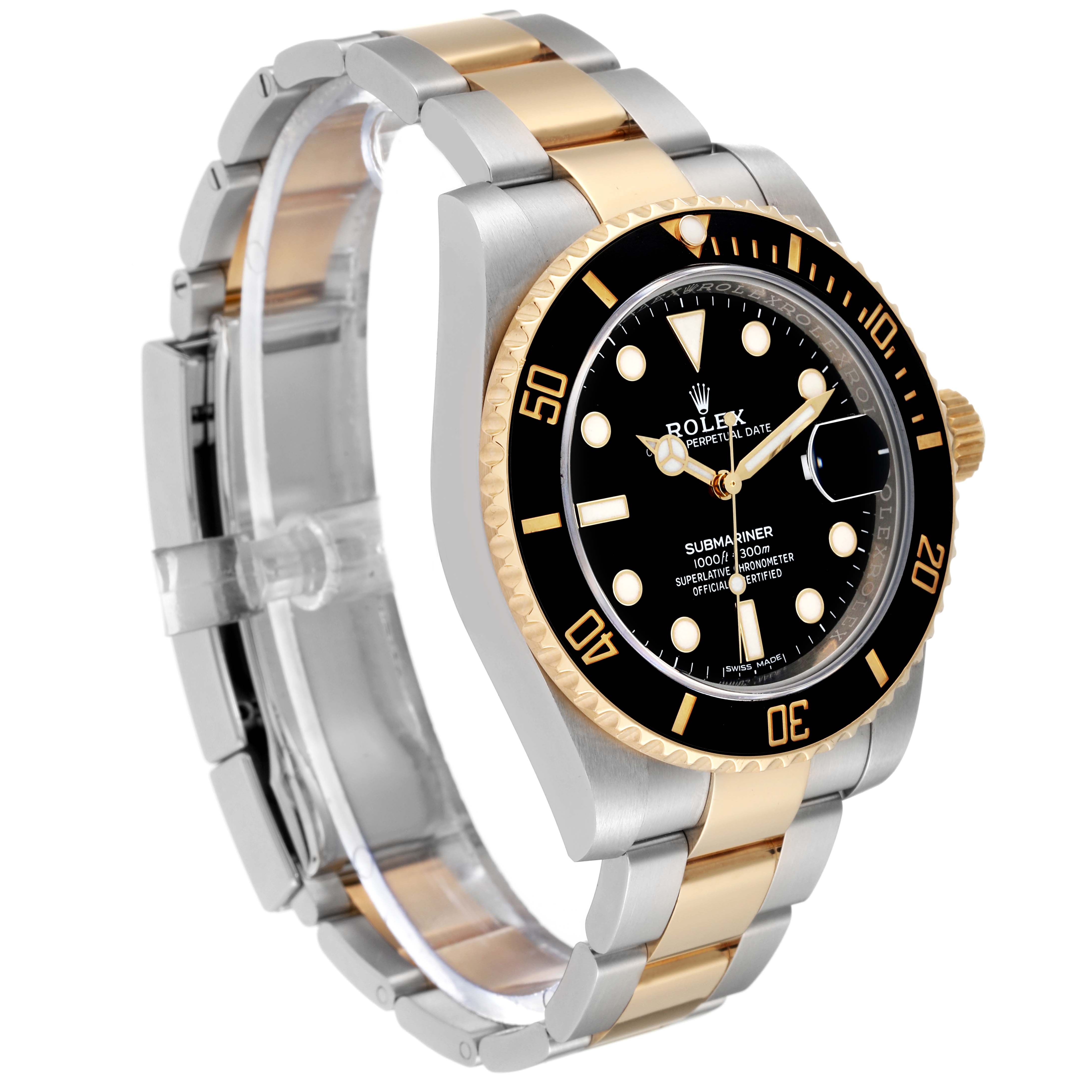 The image shows a side angle of a Rolex Submariner 116613LN Men's Steel and Gold (two tone) Black Dial 116613LN Men's Steel and Gold (two tone) Black Dial watch, highlighting its bezel, dial, crown, and bracelet.